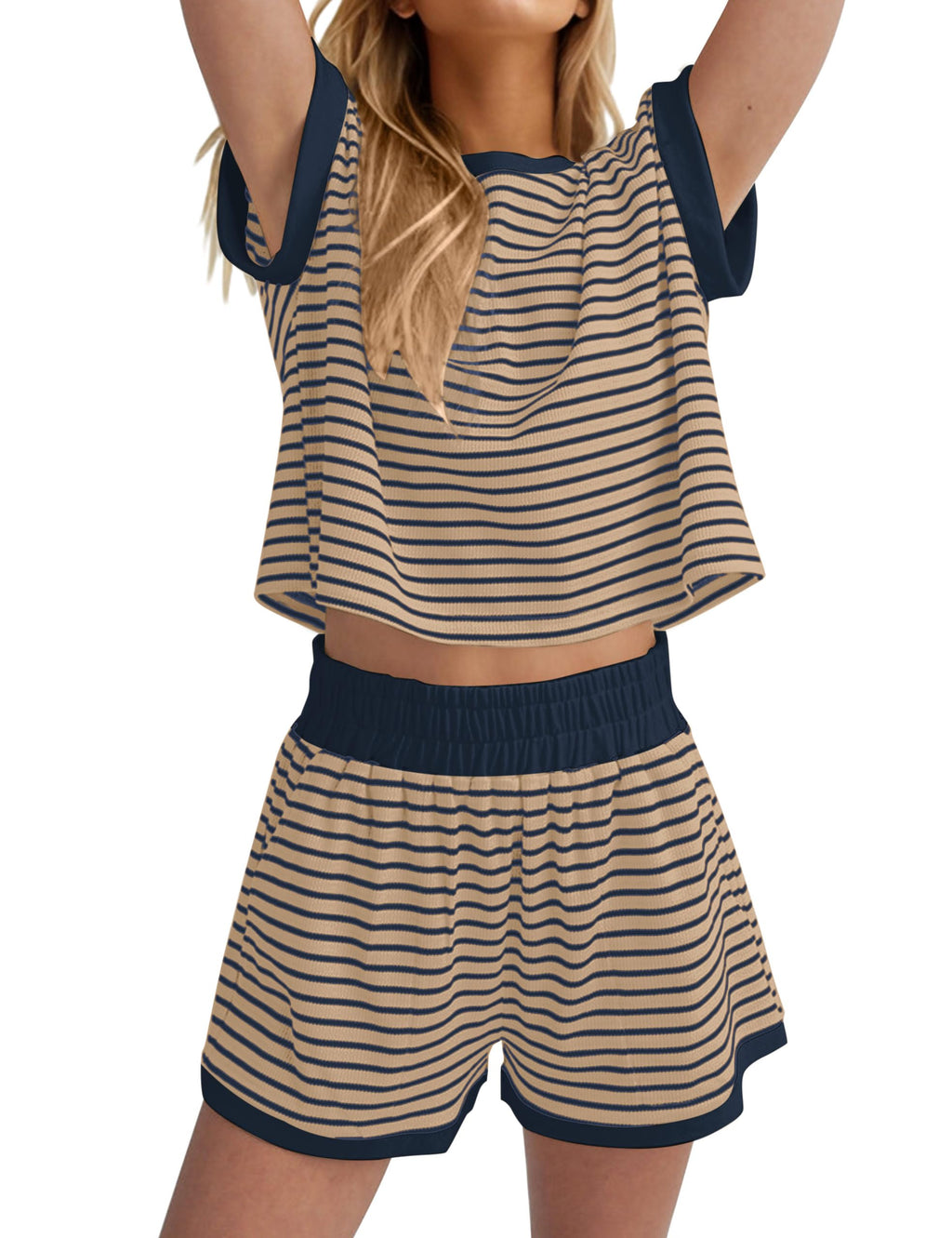 MISSACTIVER 2 Piece Lounge Set Women Stripe Knit Short Sleeve Tee Shirts Shorts Casual Summer Loungewear Shorts Sets