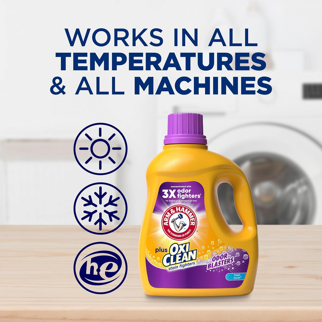 ARM & HAMMER Plus OxiClean with Odor Blasters Liquid Laundry Detergent, Laundry Odor Remover, Attacks Stains, Fresh Botanical Scent, 74 Loads, 96.2 Fl Oz