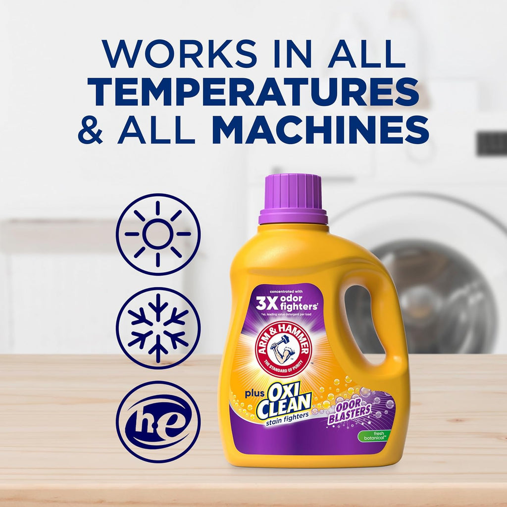 ARM & HAMMER Plus OxiClean with Odor Blasters Liquid Laundry Detergent, Laundry Odor Remover, Attacks Stains, Fresh Botanical Scent, 74 Loads, 96.2 Fl Oz