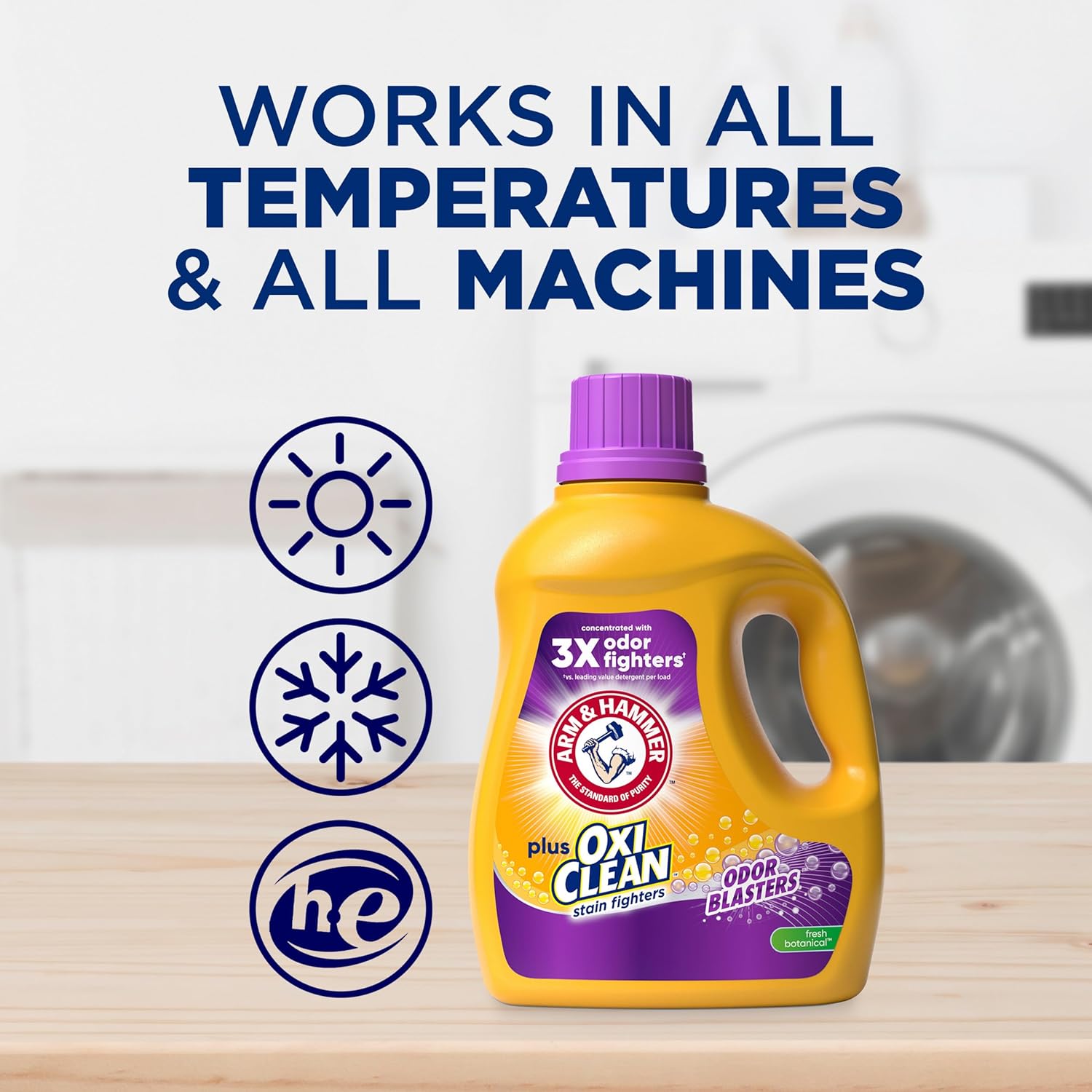 ARM & HAMMER Plus OxiClean with Odor Blasters Liquid Laundry Detergent, Laundry Odor Remover, Attacks Stains, Fresh Botanical Scent, 74 Loads, 96.2 Fl Oz