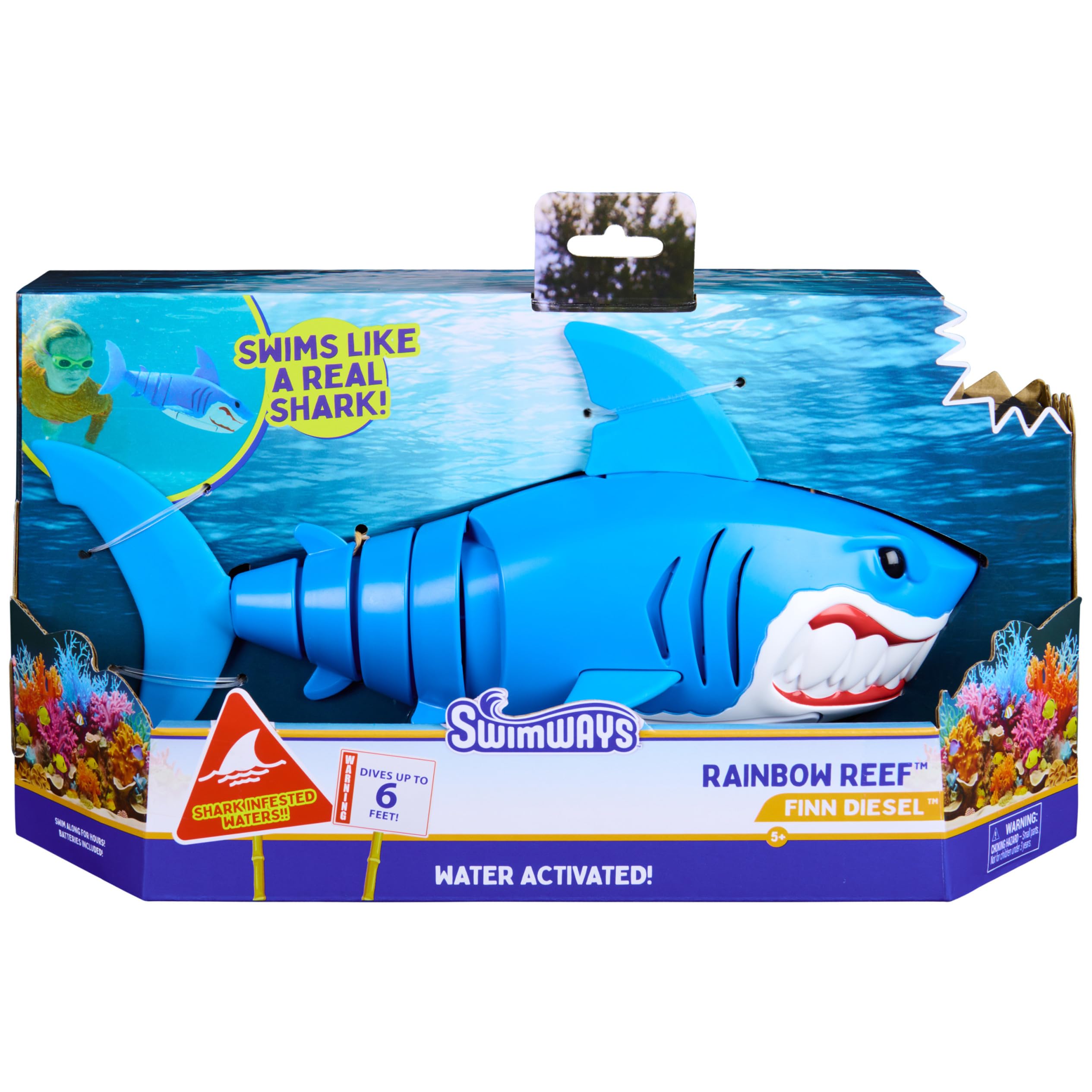 SwimWays Rainbow Reef Shark Toy, Finn Diesel Kids Shark Pool Toy and Swimming Accessory, Self-Activated Water Toys, Learn to Swim Pool Toys for Kids Ages 5 & Up (Batteries Included)