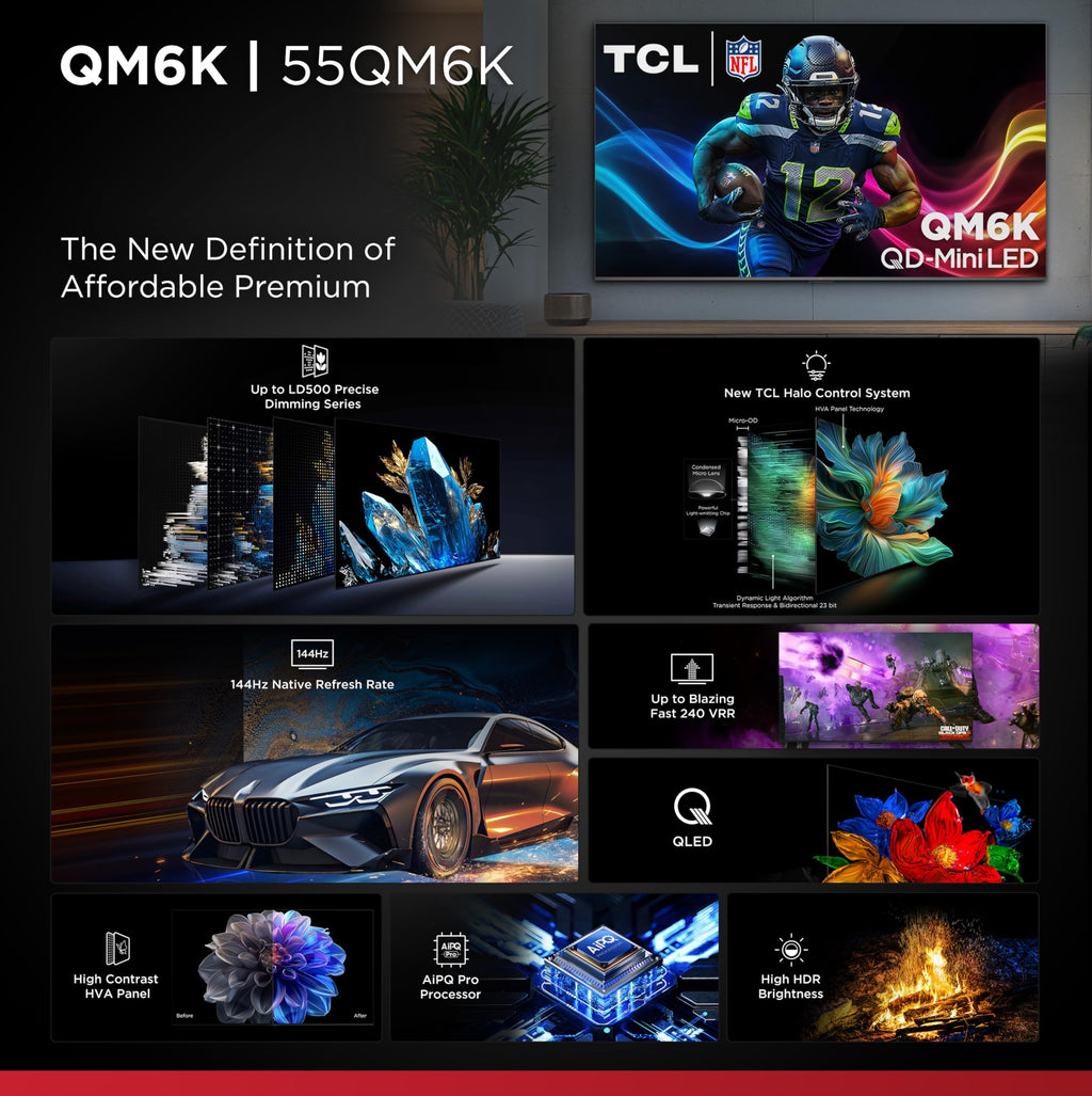TCL 55 Inch Class QM6K Series | Mini LED QLED 4K HDR | 55QM6K, 2025 Model | 120HZ-144HZ High Brightness Smart Google TV Dolby Atmos Onkyo Audio | Voice Remote Alexa Gaming Streaming Television