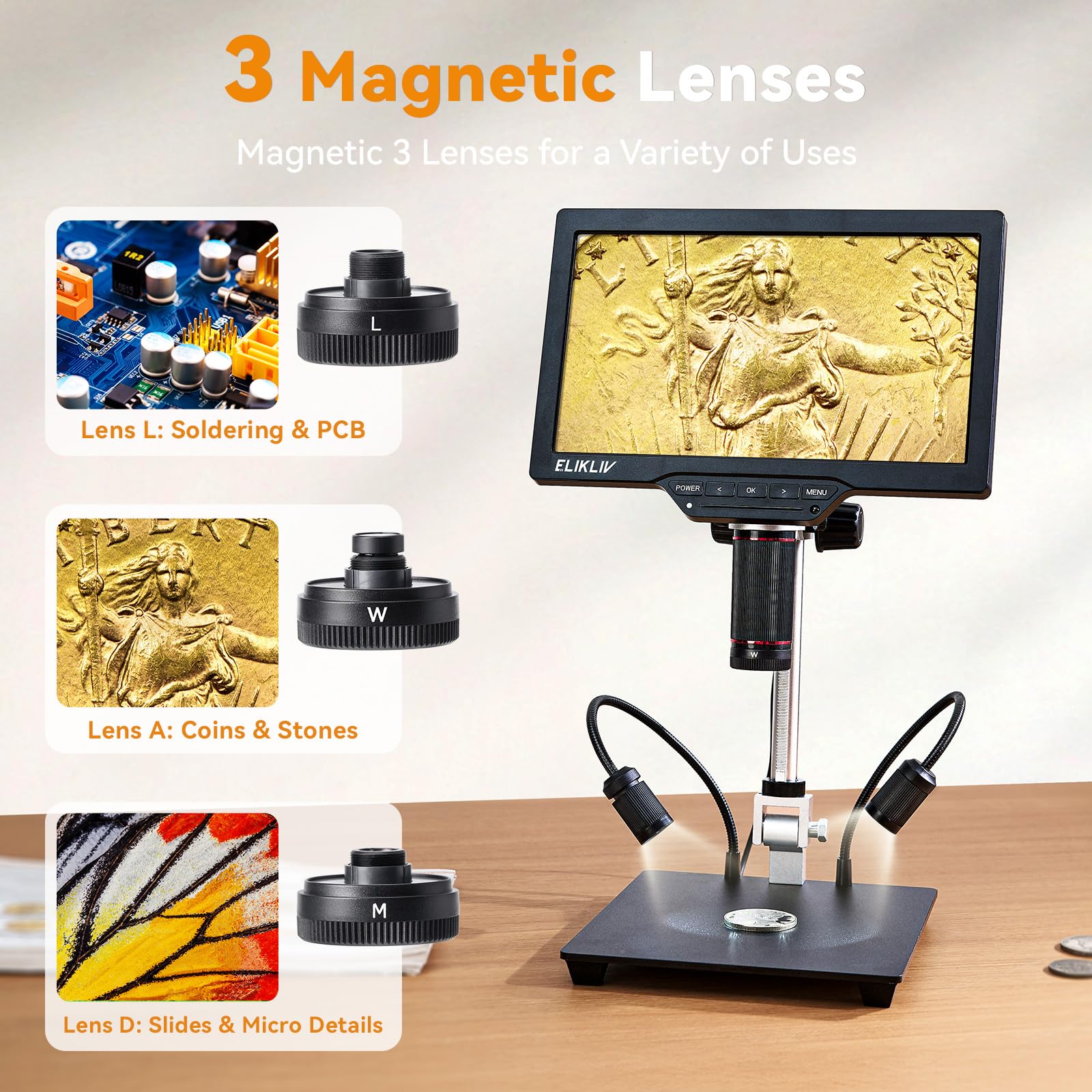 Elikliv 4K 3-Lens Digital Microscope: TL301-Magnetic Coin Microscope Magnifier Full Coin View, Soldering Microscopes for Adults with 7" IPS Screen, Side Lights, 10" Stand, PC/TV Compatible, 16GB