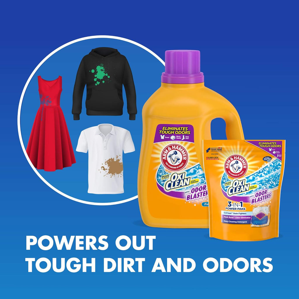 ARM & HAMMER Plus OxiClean with Odor Blasters Liquid Laundry Detergent, Laundry Odor Remover, Attacks Stains, Fresh Botanical Scent, 74 Loads, 96.2 Fl Oz