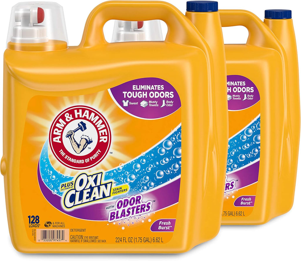 ARM & HAMMER Plus OxiClean with Odor Blasters Liquid Laundry Detergent, Laundry Odor Remover, Attacks Stains, Fresh Botanical Scent, 74 Loads, 96.2 Fl Oz