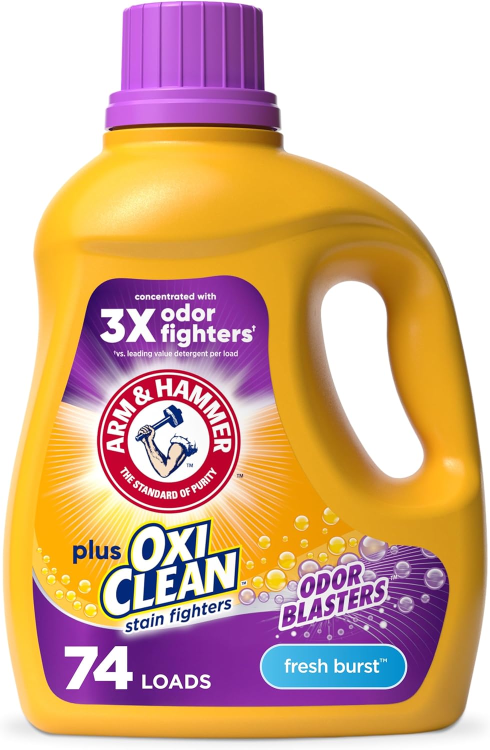 ARM & HAMMER Plus OxiClean with Odor Blasters Liquid Laundry Detergent, Laundry Odor Remover, Attacks Stains, Fresh Botanical Scent, 74 Loads, 96.2 Fl Oz