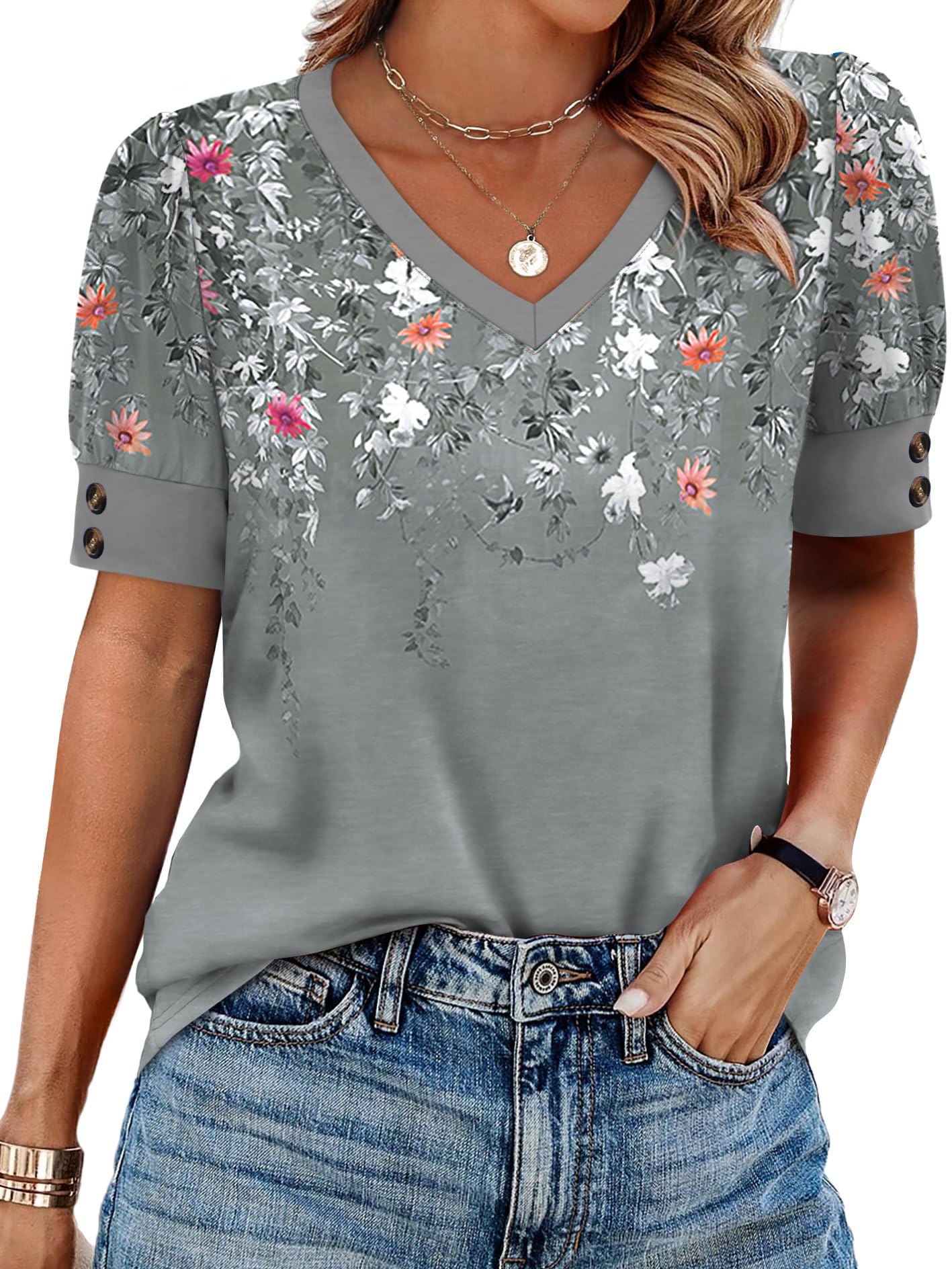 OFEEFAN Womens Tops Short Sleeve Shirts Buttons V Neck Spring Fashion Summer Outfits Plus Size Blouses Dressy Casual