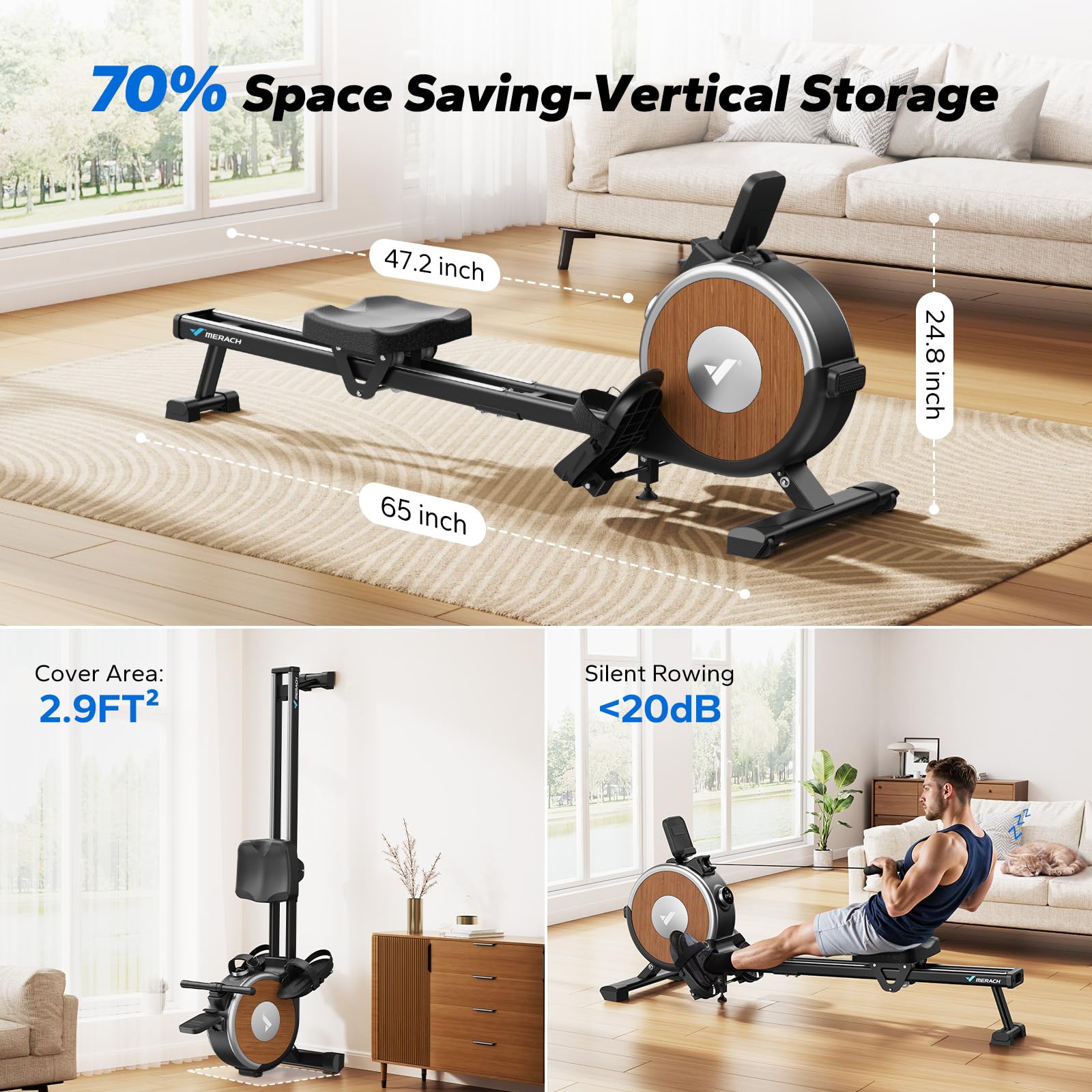 MERACH Rowing Machines for Home, Magnetic Rowing Machine with 16 Levels, Rower Machine of Quiet Resistance, Dual Slide Rail with Max 350lbs Weight Capacity, App Compatible