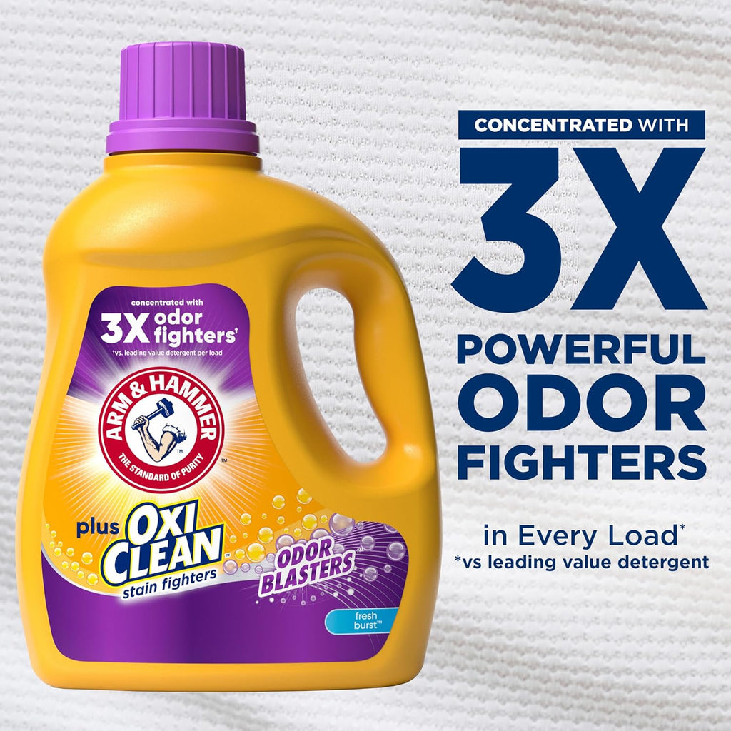 ARM & HAMMER Plus OxiClean with Odor Blasters Liquid Laundry Detergent, Laundry Odor Remover, Attacks Stains, Fresh Botanical Scent, 74 Loads, 96.2 Fl Oz