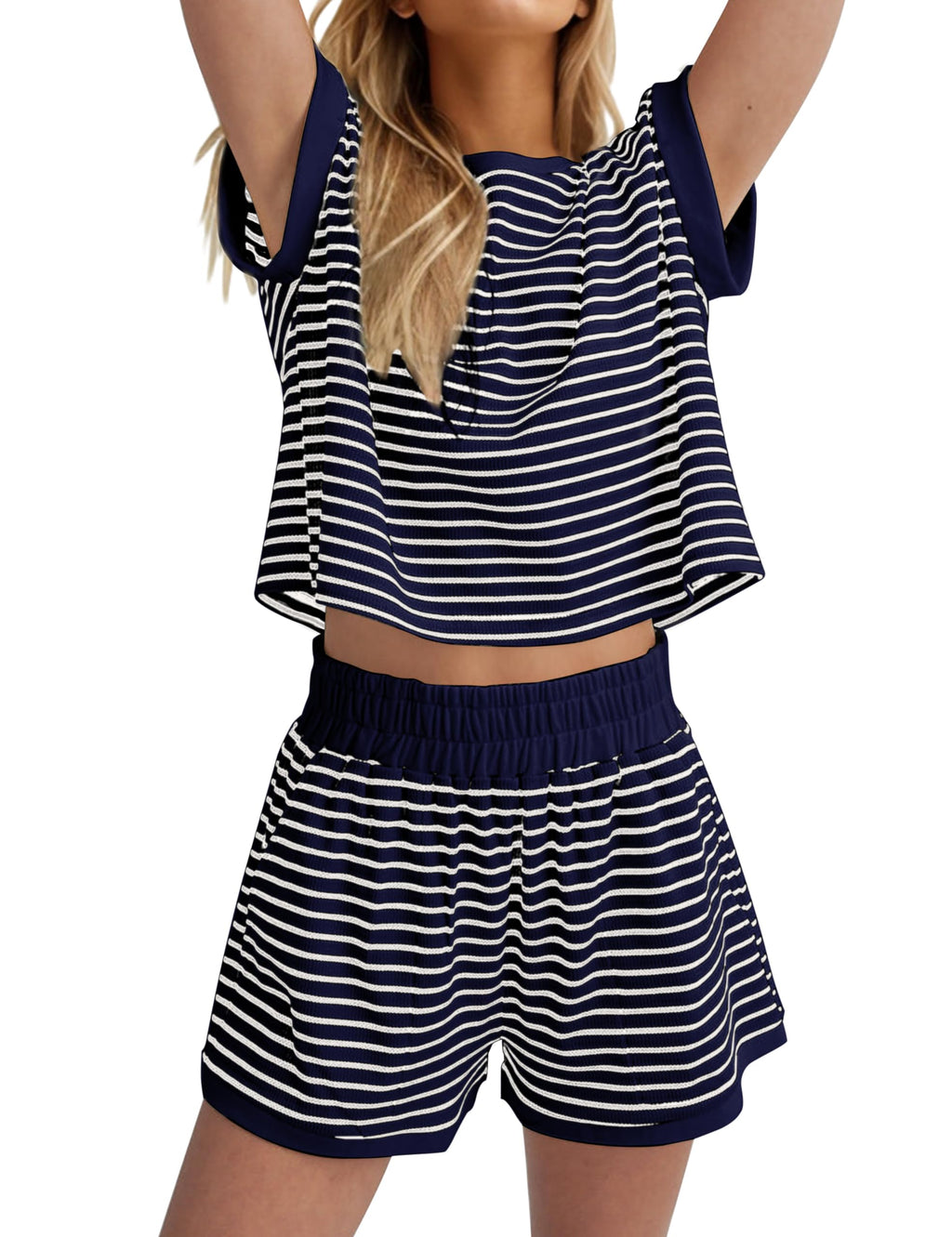 MISSACTIVER 2 Piece Lounge Set Women Stripe Knit Short Sleeve Tee Shirts Shorts Casual Summer Loungewear Shorts Sets