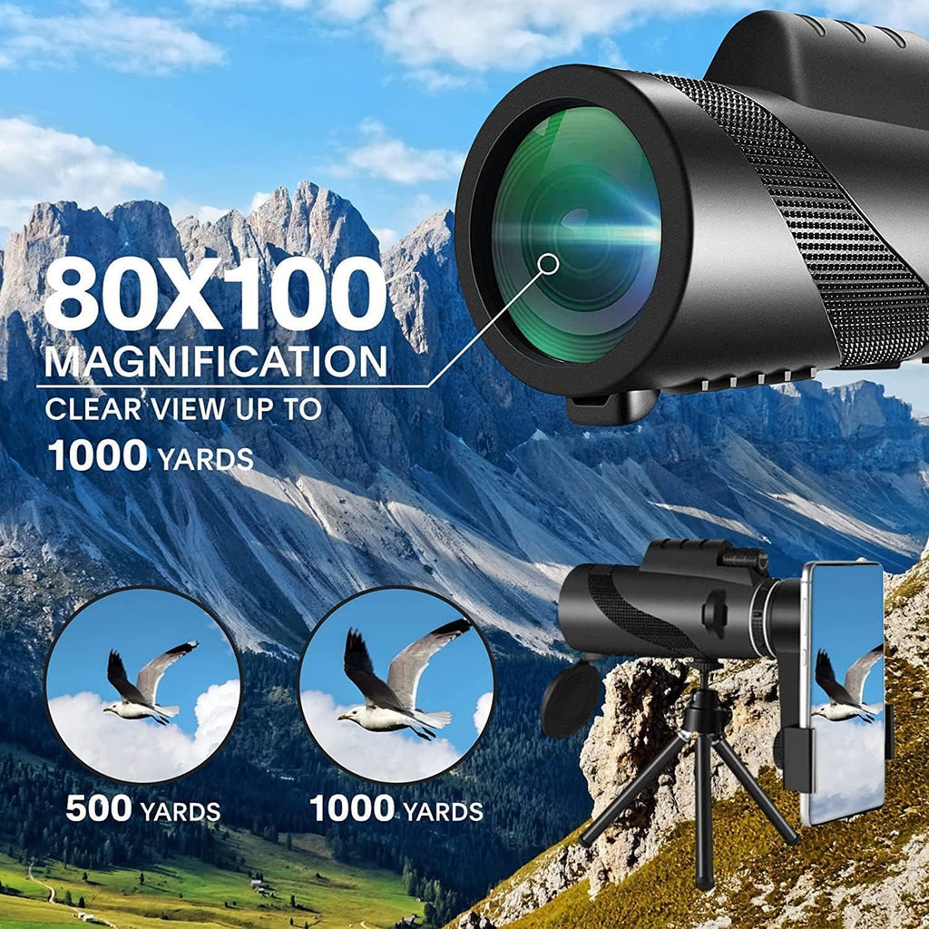Monocular Telescope 80x100 High Powered Monoculars High Definition for Adults High Powered with Smartphone Adapter Telescope Wildlife Bird Watching Travel Camping Hiking Green