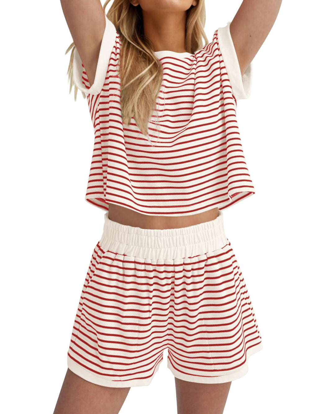 MISSACTIVER 2 Piece Lounge Set Women Stripe Knit Short Sleeve Tee Shirts Shorts Casual Summer Loungewear Shorts Sets