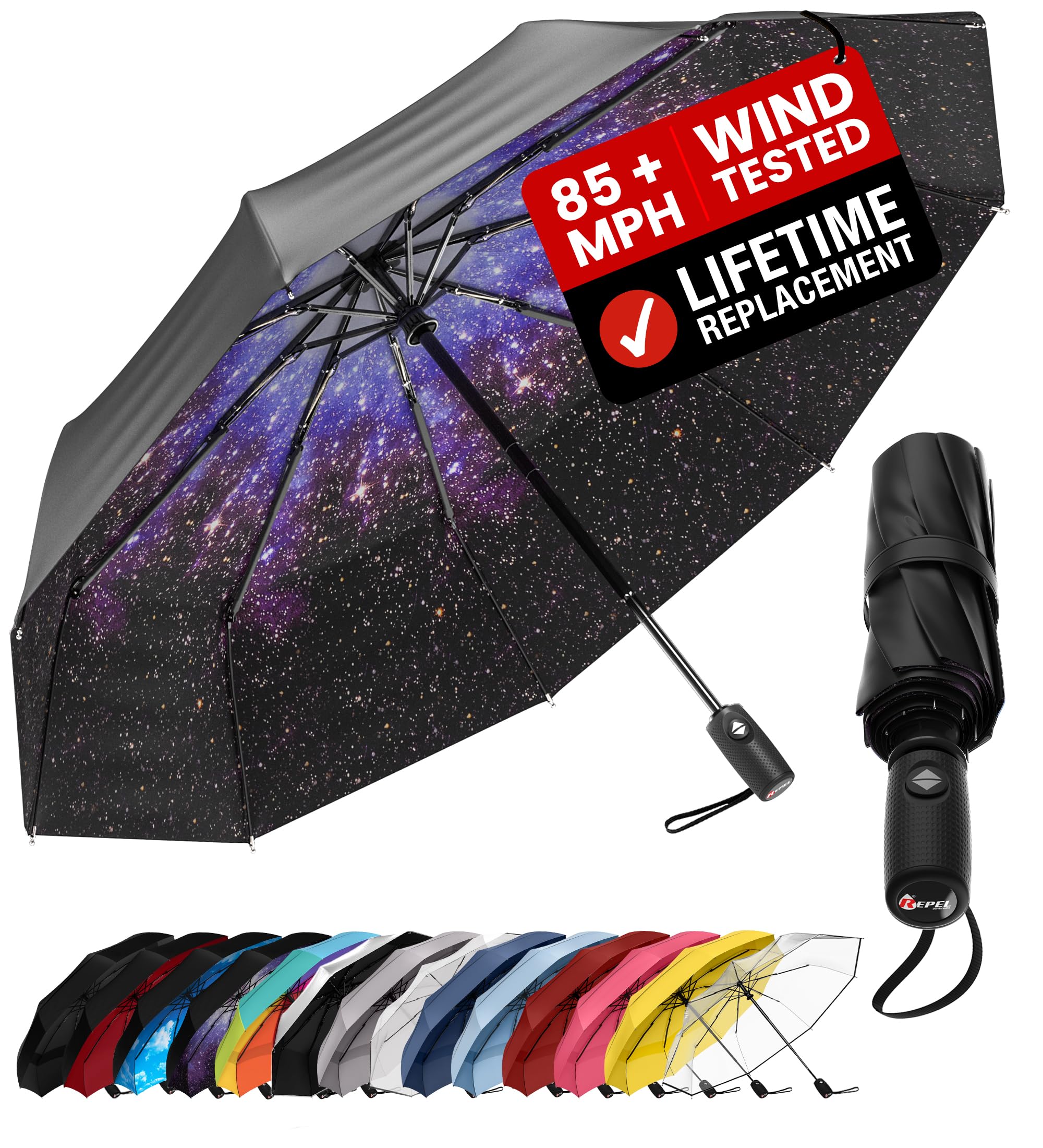 REPEL Windproof Travel Umbrella - Compact & Withstands Winds up to 85MPH , Strongest Premium Auto Folding Umbrella for Rain and Sun - Durable, Light & Portable for Women & Men , Fits Backpack & Cars