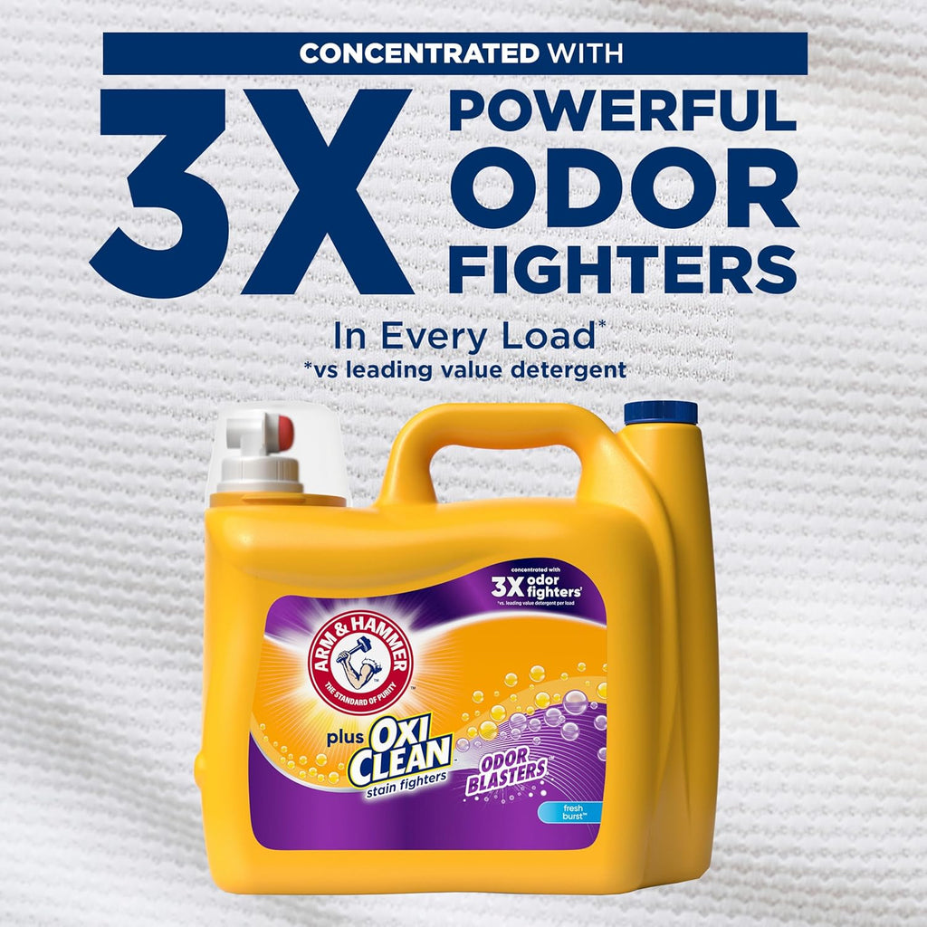 ARM & HAMMER Plus OxiClean with Odor Blasters Liquid Laundry Detergent, Laundry Odor Remover, Attacks Stains, Fresh Botanical Scent, 74 Loads, 96.2 Fl Oz