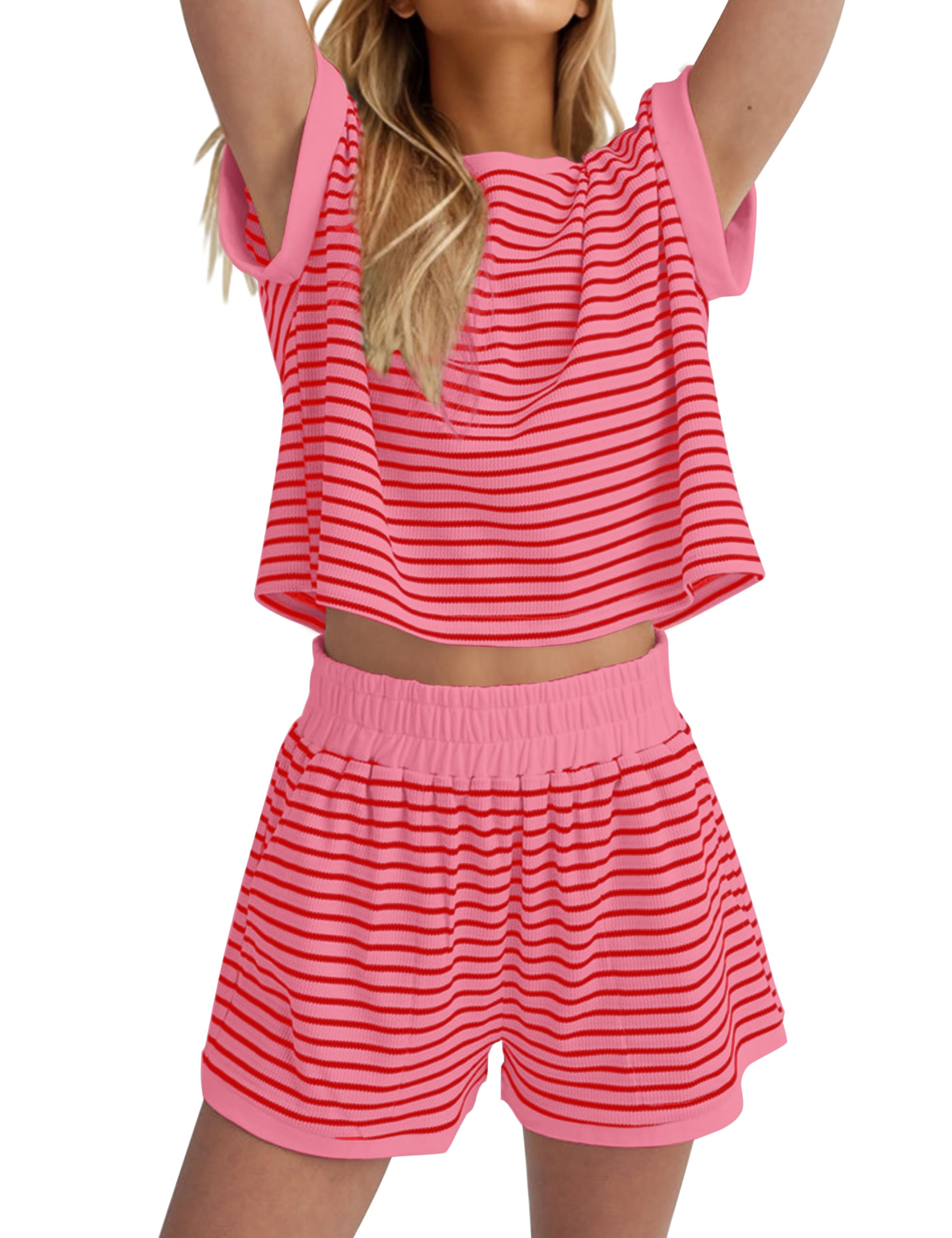 MISSACTIVER 2 Piece Lounge Set Women Stripe Knit Short Sleeve Tee Shirts Shorts Casual Summer Loungewear Shorts Sets