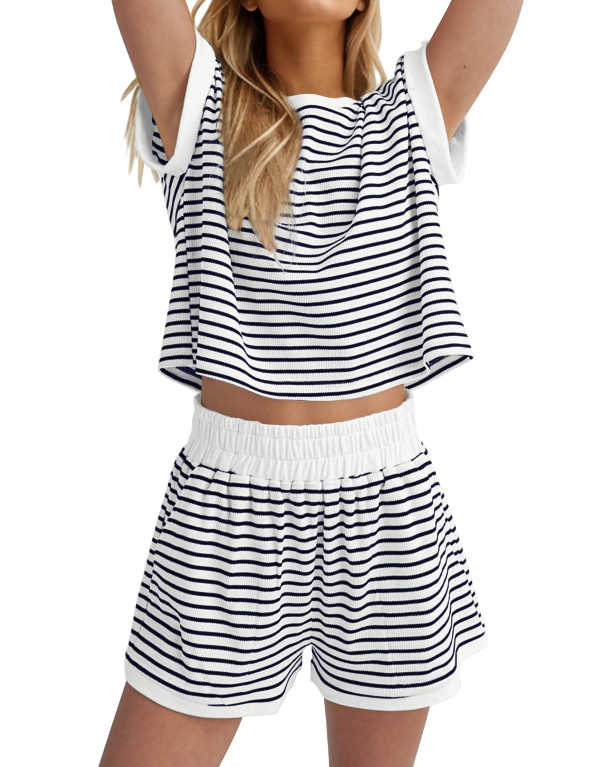 MISSACTIVER 2 Piece Lounge Set Women Stripe Knit Short Sleeve Tee Shirts Shorts Casual Summer Loungewear Shorts Sets