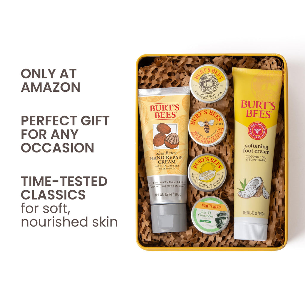 Burt's Bees Mothers Day Gifts Ideas - Classics Set, 6 Products in Giftable Tin – Cuticle Cream, Hand Salve, Lip Balm, Res-Q Ointment, Hand Repair and Foot Cream