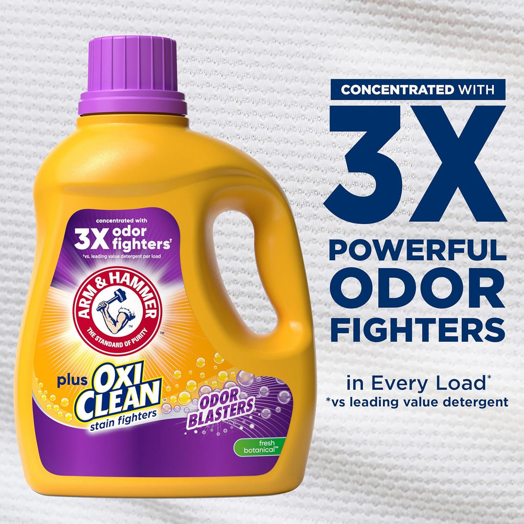 ARM & HAMMER Plus OxiClean with Odor Blasters Liquid Laundry Detergent, Laundry Odor Remover, Attacks Stains, Fresh Botanical Scent, 74 Loads, 96.2 Fl Oz