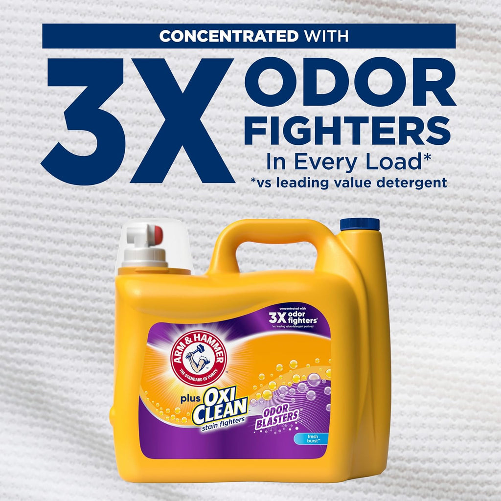 ARM & HAMMER Plus OxiClean with Odor Blasters Liquid Laundry Detergent, Laundry Odor Remover, Attacks Stains, Fresh Botanical Scent, 74 Loads, 96.2 Fl Oz