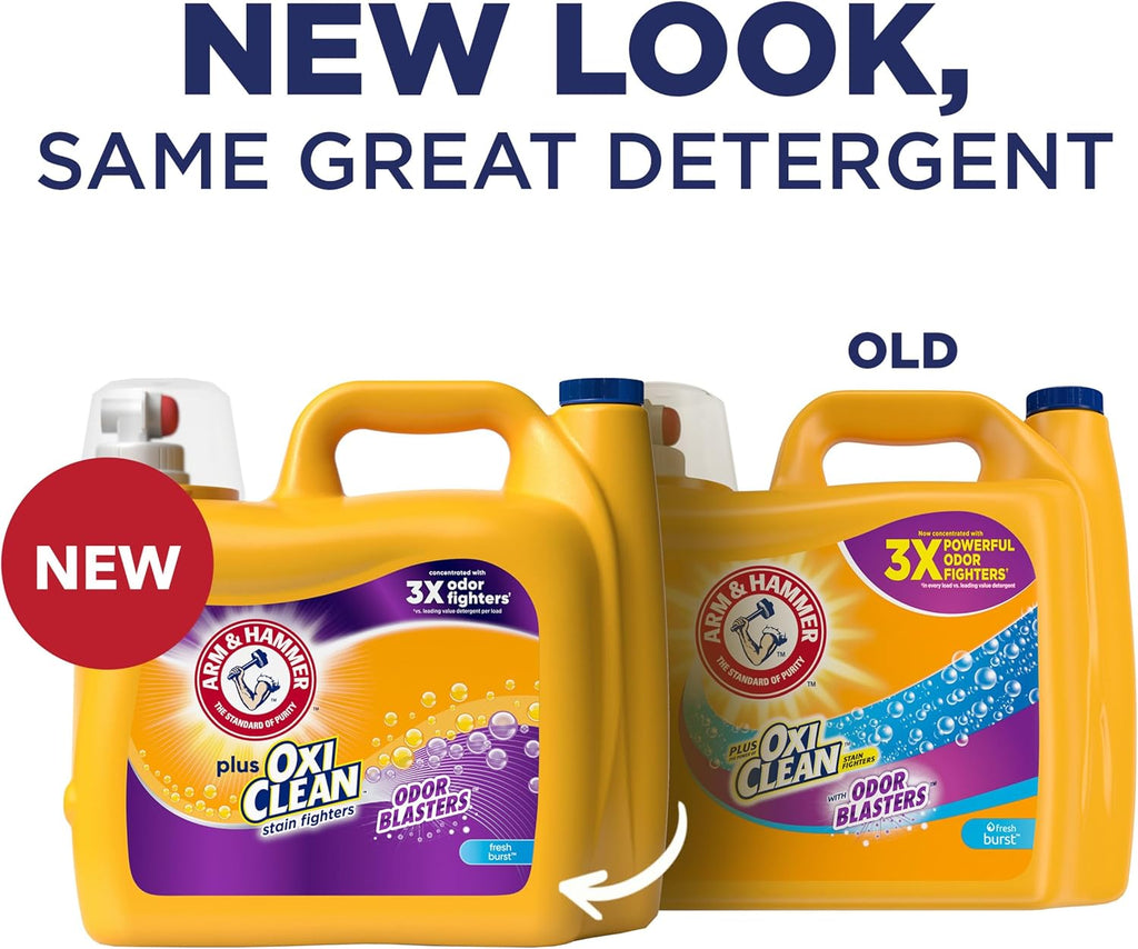 ARM & HAMMER Plus OxiClean with Odor Blasters Liquid Laundry Detergent, Laundry Odor Remover, Attacks Stains, Fresh Botanical Scent, 74 Loads, 96.2 Fl Oz