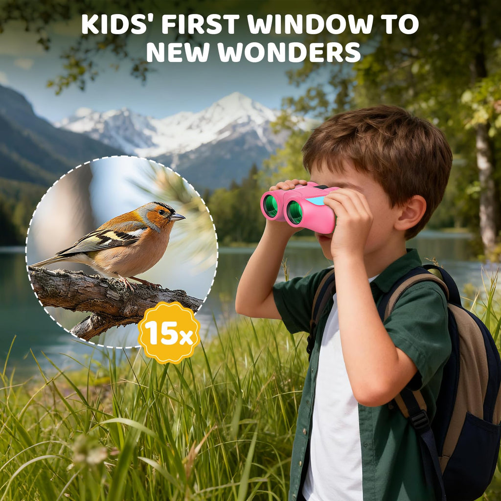 Aurosports 15x25 Compact Binoculars for Kids - Small Binoculars Lightweight with Carrying Case Birding Guide for Bird Watching Hiking Camping Travel Gift for 8-12 Years Boys Girls (Black)
