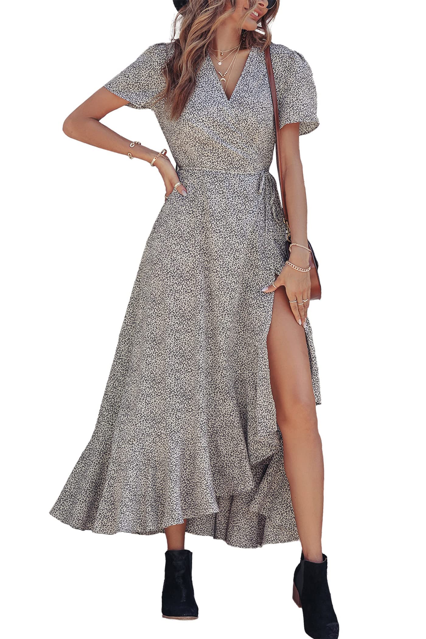 PRETTYGARDEN Women's Boho Floral Maxi Dress Summer Short Sleeve Wrap V Neck Long Flowy Beach Vacation Wedding Guest Dresses