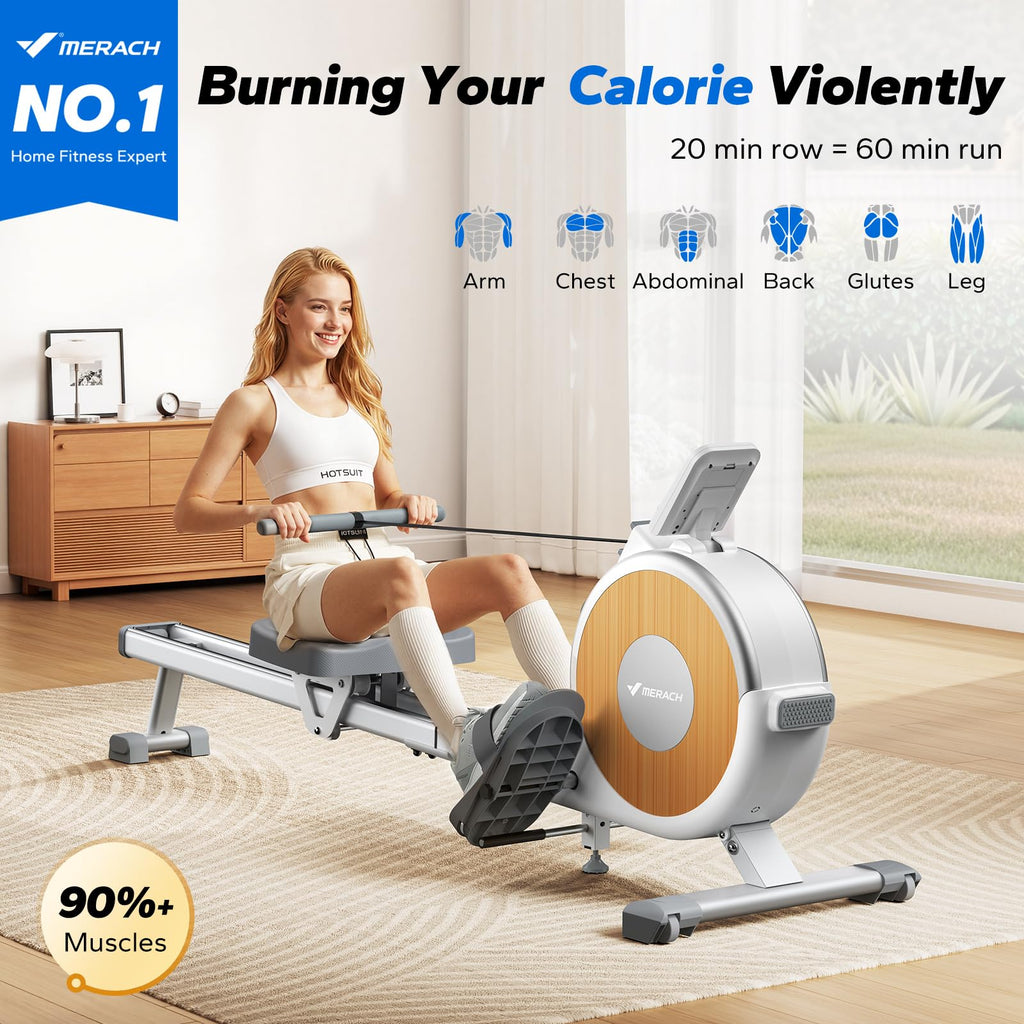 MERACH Rowing Machines for Home, Magnetic Rowing Machine with 16 Levels, Rower Machine of Quiet Resistance, Dual Slide Rail with Max 350lbs Weight Capacity, App Compatible