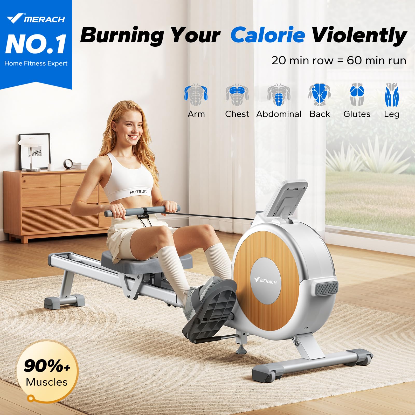 MERACH Rowing Machines for Home, Magnetic Rowing Machine with 16 Levels, Rower Machine of Quiet Resistance, Dual Slide Rail with Max 350lbs Weight Capacity, App Compatible