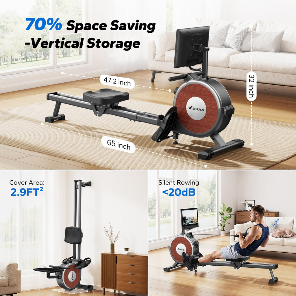 MERACH Rowing Machines for Home, Magnetic Rowing Machine with 16 Levels, Rower Machine of Quiet Resistance, Dual Slide Rail with Max 350lbs Weight Capacity, App Compatible