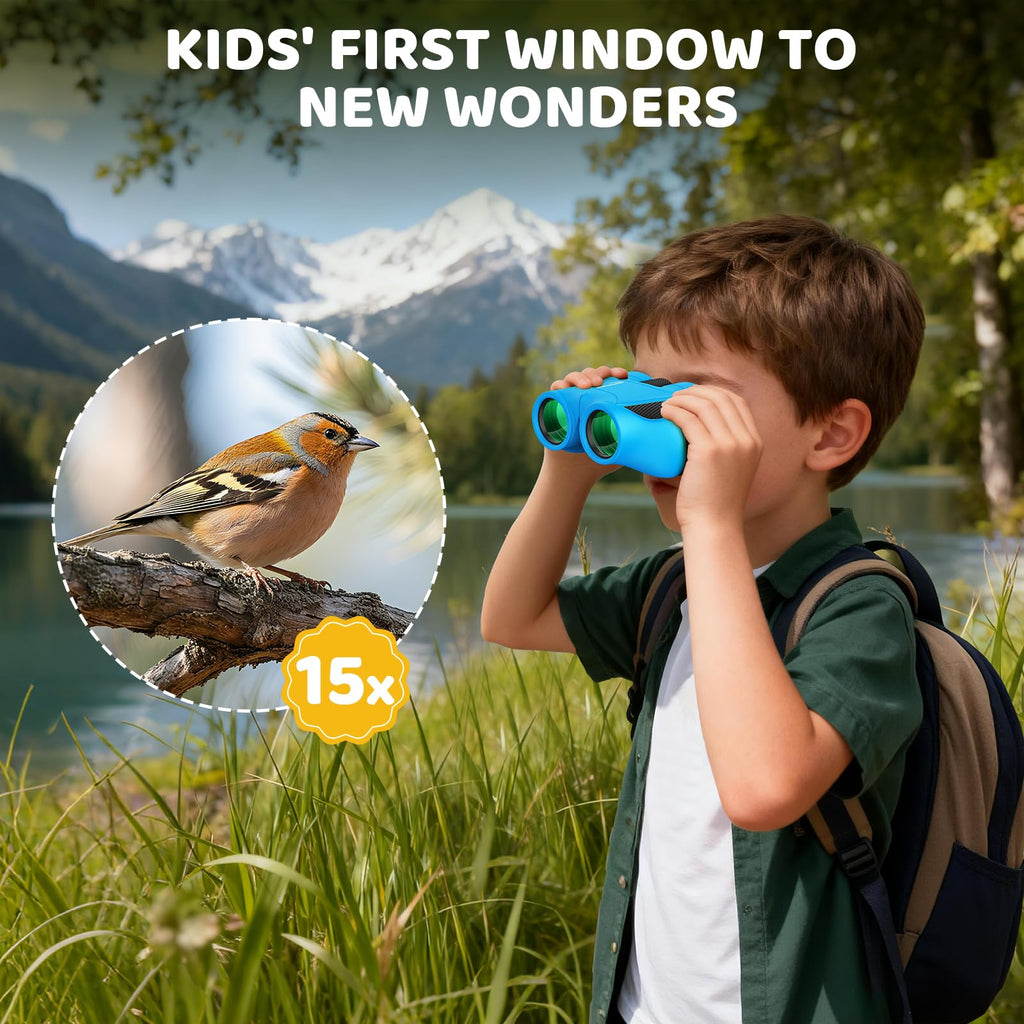 Aurosports 15x25 Compact Binoculars for Kids - Small Binoculars Lightweight with Carrying Case Birding Guide for Bird Watching Hiking Camping Travel Gift for 8-12 Years Boys Girls (Black)
