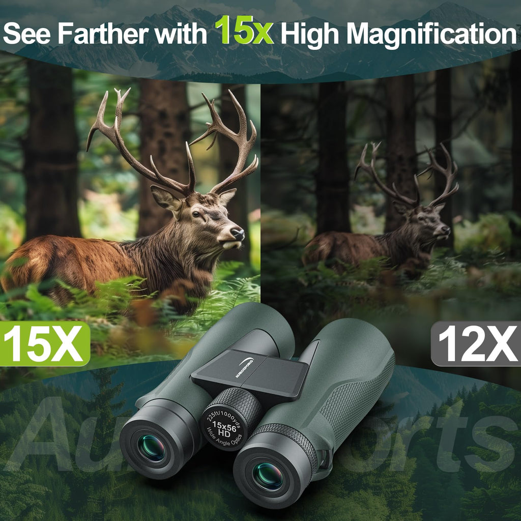 Aurosports 15x56 Binoculars for Adults High Powered - HD Large View Binoculars with Clear Low Light Vision - Lightweight Balance of Features Value Bird Watching Hunting Cruise Travel Gifts for Men