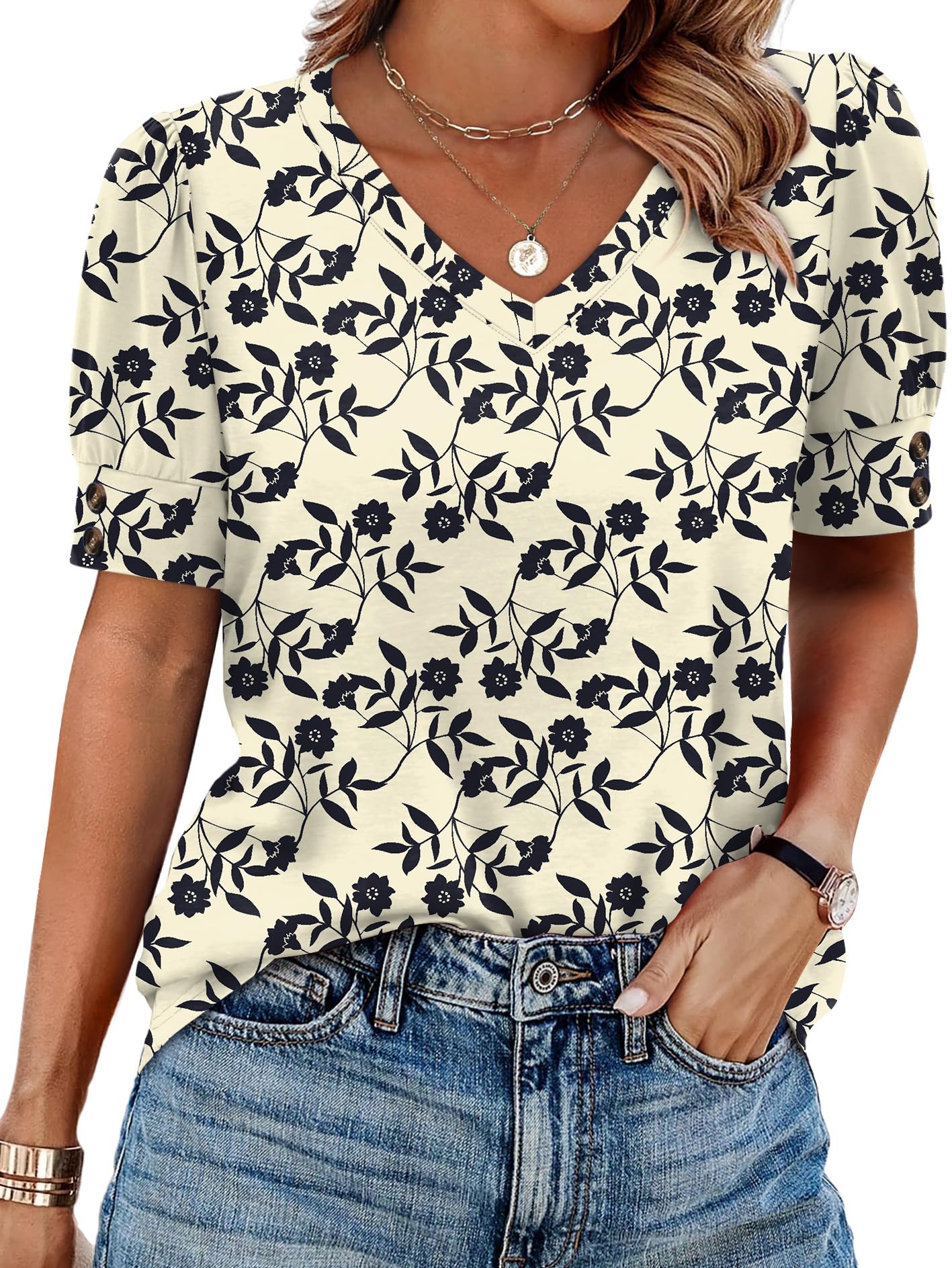 OFEEFAN Womens Tops Short Sleeve Shirts Buttons V Neck Spring Fashion Summer Outfits Plus Size Blouses Dressy Casual