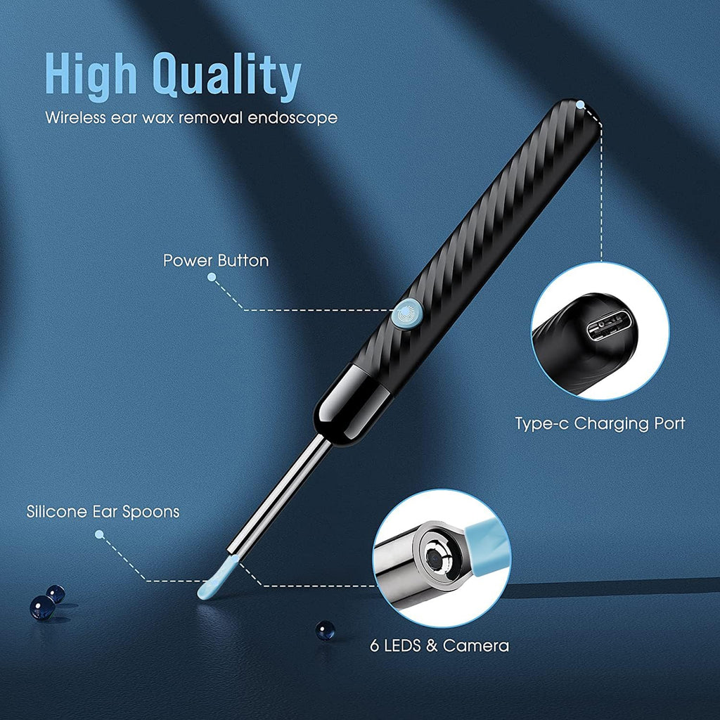 LEIPUT Ear Wax Removal - Earwax Remover Tool with 8 Pcs Ear Set - Ear Canal Cleaner with 1080P Camera - FSA HSA Eligible - Ear Cleaning Kit with 6 Ear Spoon - Ear Camera for iOS & Android (Black)
