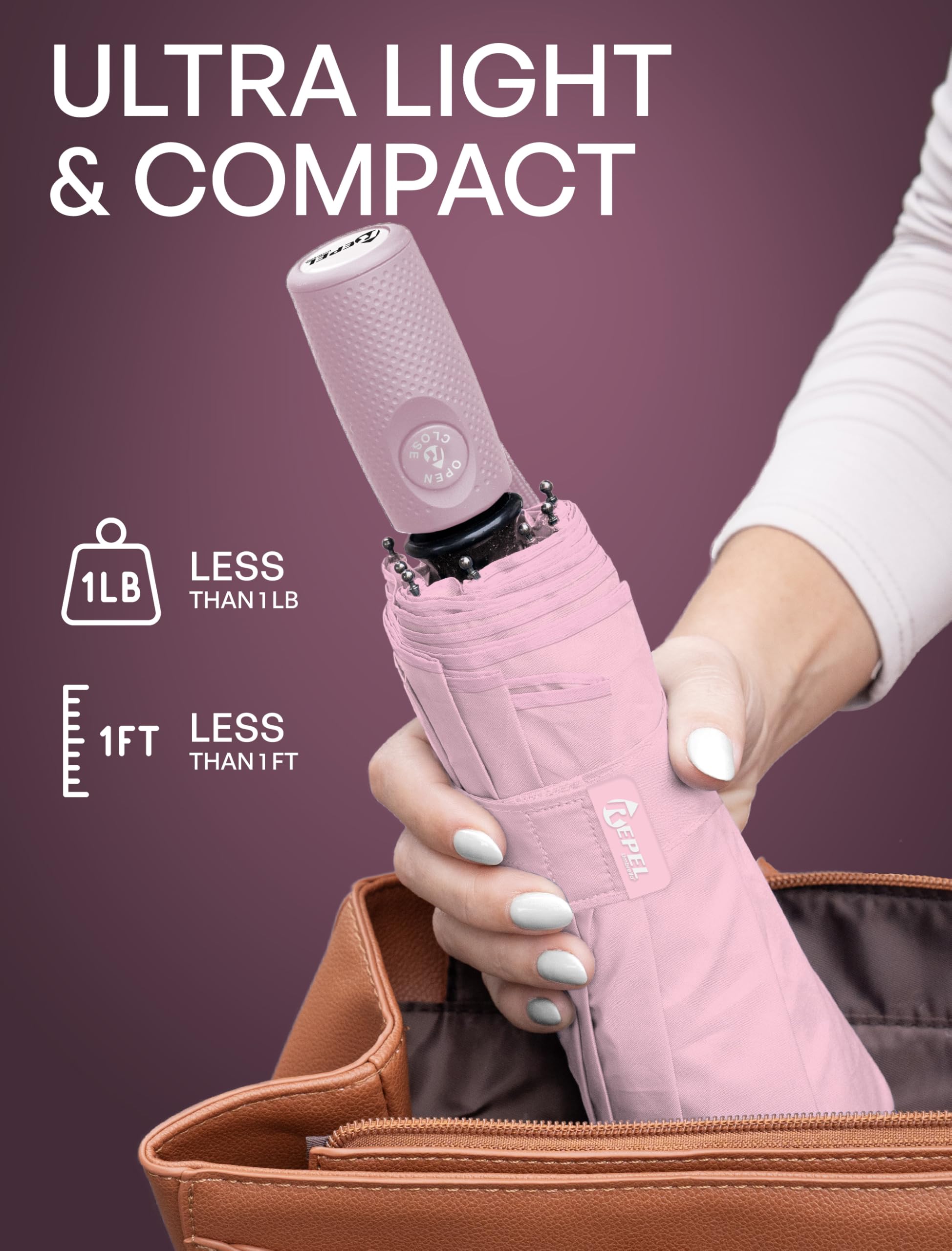 REPEL Windproof Travel Umbrella - Compact & Withstands Winds up to 85MPH , Strongest Premium Auto Folding Umbrella for Rain and Sun - Durable, Light & Portable for Women & Men , Fits Backpack & Cars