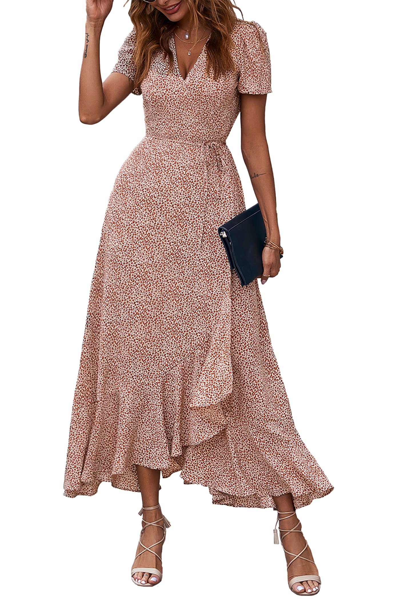 PRETTYGARDEN Women's Boho Floral Maxi Dress Summer Short Sleeve Wrap V Neck Long Flowy Beach Vacation Wedding Guest Dresses