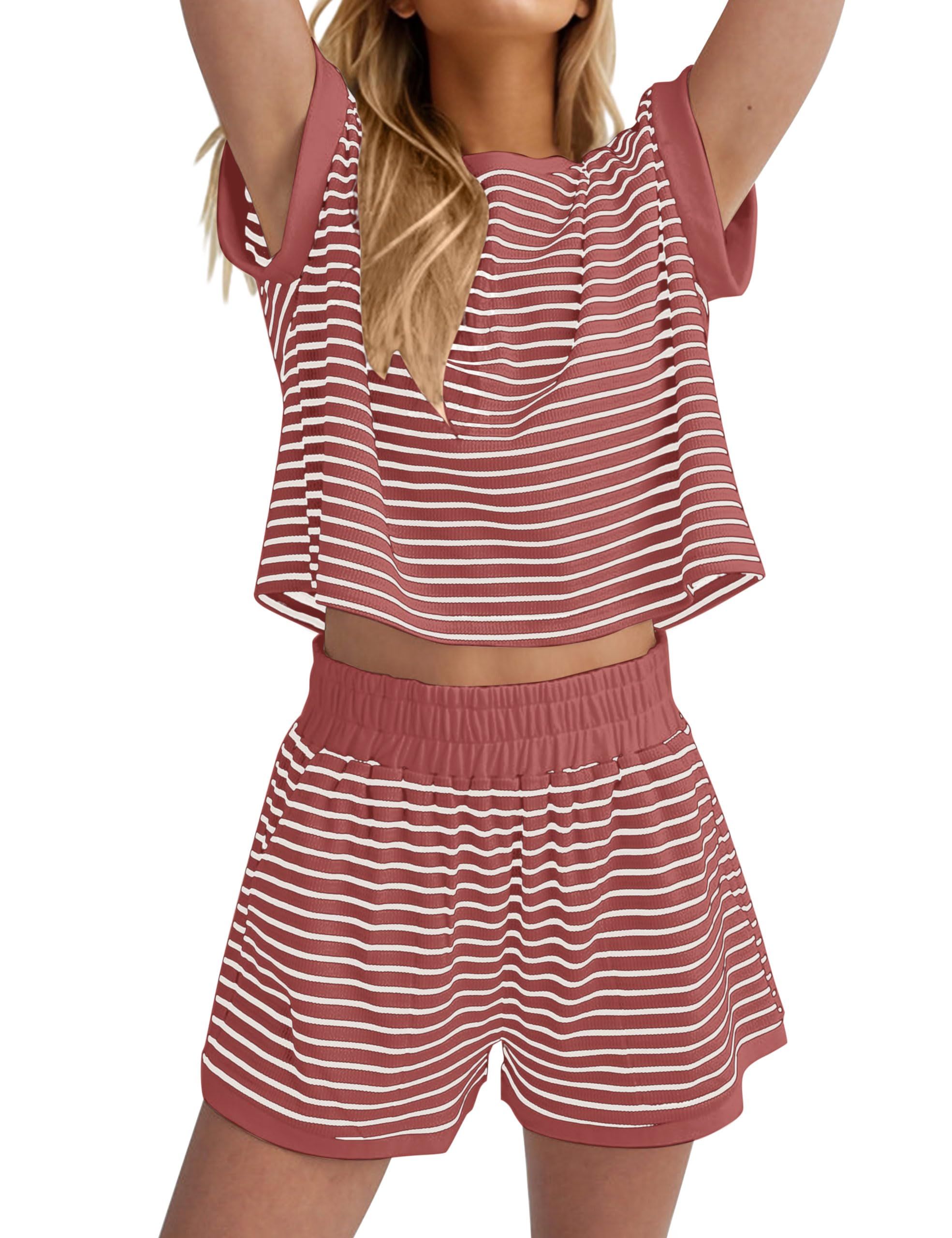 MISSACTIVER 2 Piece Lounge Set Women Stripe Knit Short Sleeve Tee Shirts Shorts Casual Summer Loungewear Shorts Sets