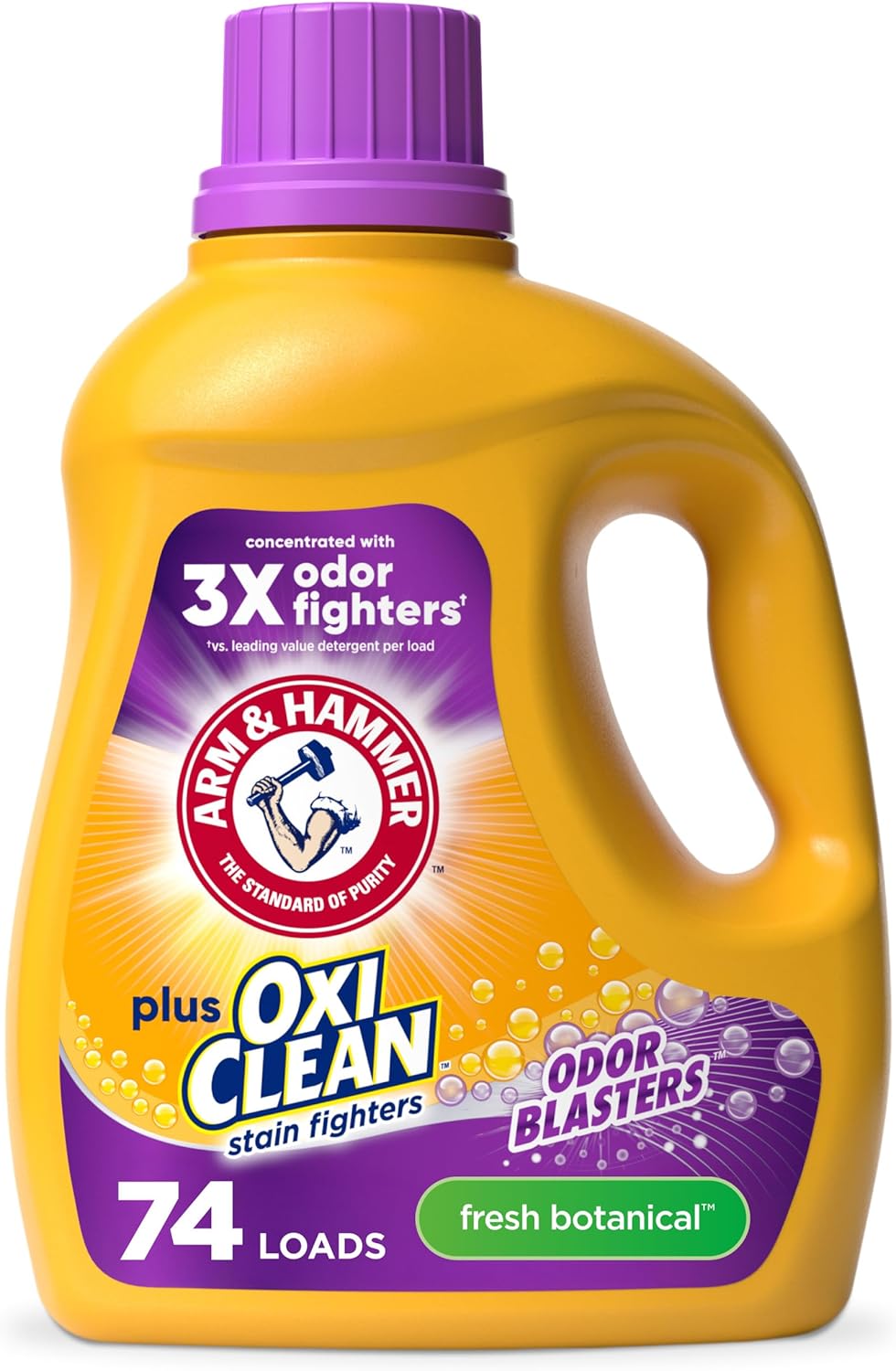 ARM & HAMMER Plus OxiClean with Odor Blasters Liquid Laundry Detergent, Laundry Odor Remover, Attacks Stains, Fresh Botanical Scent, 74 Loads, 96.2 Fl Oz