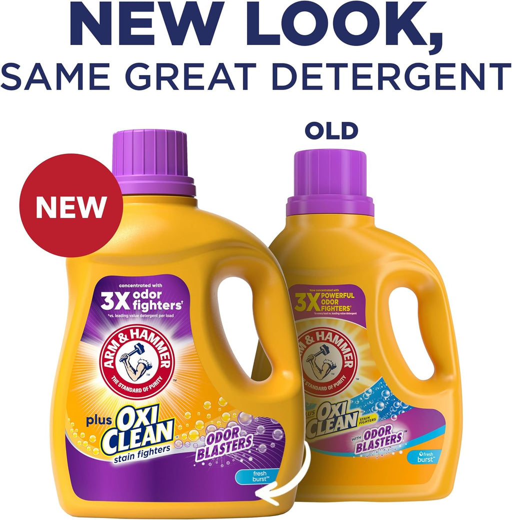 ARM & HAMMER Plus OxiClean with Odor Blasters Liquid Laundry Detergent, Laundry Odor Remover, Attacks Stains, Fresh Botanical Scent, 74 Loads, 96.2 Fl Oz