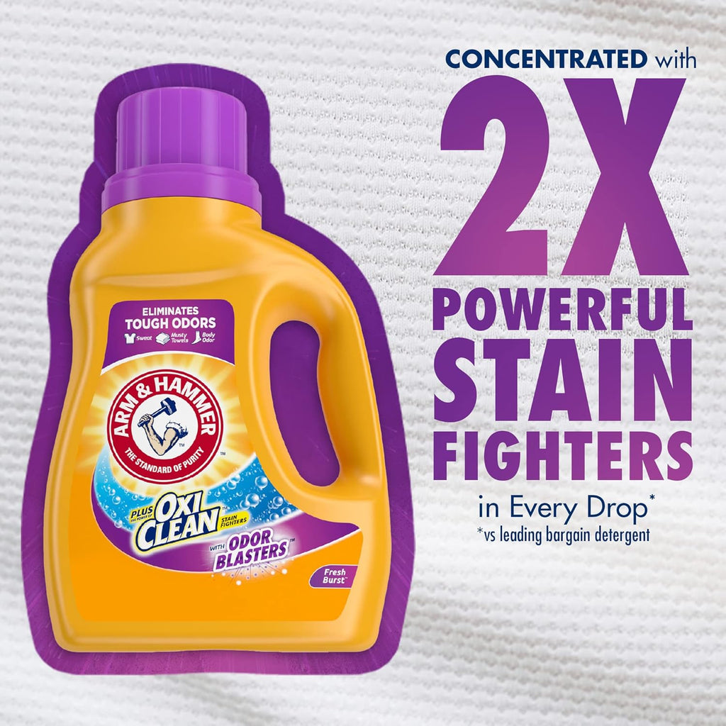 ARM & HAMMER Plus OxiClean with Odor Blasters Liquid Laundry Detergent, Laundry Odor Remover, Attacks Stains, Fresh Botanical Scent, 74 Loads, 96.2 Fl Oz