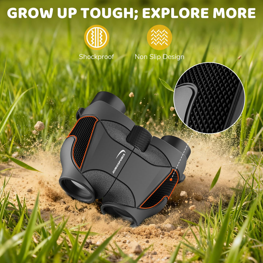 Aurosports 15x25 Compact Binoculars for Kids - Small Binoculars Lightweight with Carrying Case Birding Guide for Bird Watching Hiking Camping Travel Gift for 8-12 Years Boys Girls (Black)