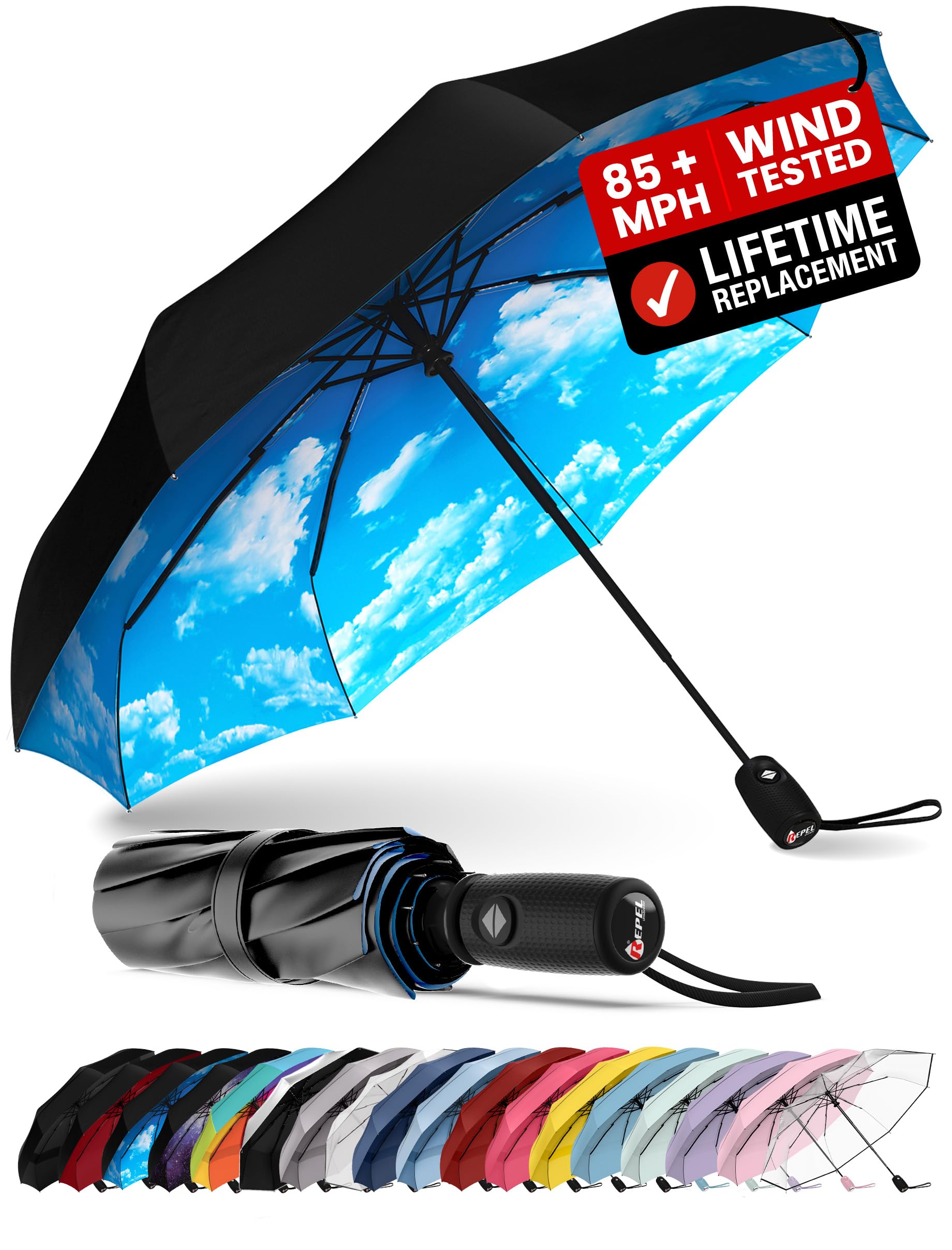 REPEL Windproof Travel Umbrella - Compact & Withstands Winds up to 85MPH , Strongest Premium Auto Folding Umbrella for Rain and Sun - Durable, Light & Portable for Women & Men , Fits Backpack & Cars
