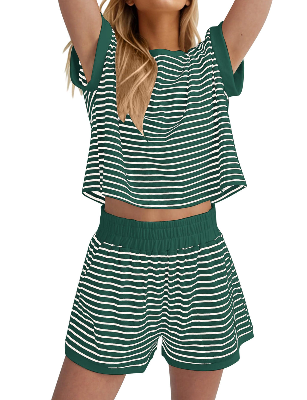 MISSACTIVER 2 Piece Lounge Set Women Stripe Knit Short Sleeve Tee Shirts Shorts Casual Summer Loungewear Shorts Sets