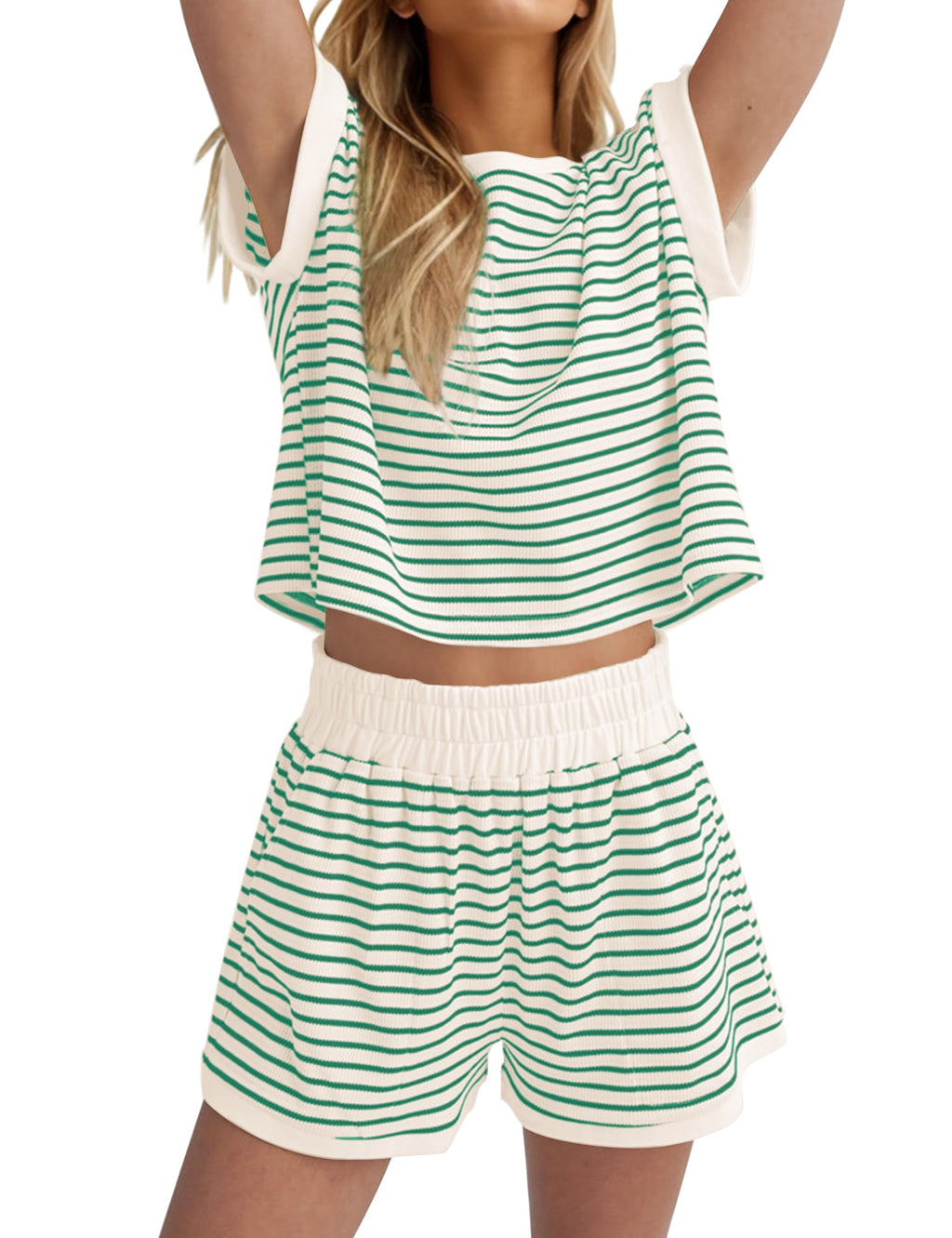 MISSACTIVER 2 Piece Lounge Set Women Stripe Knit Short Sleeve Tee Shirts Shorts Casual Summer Loungewear Shorts Sets