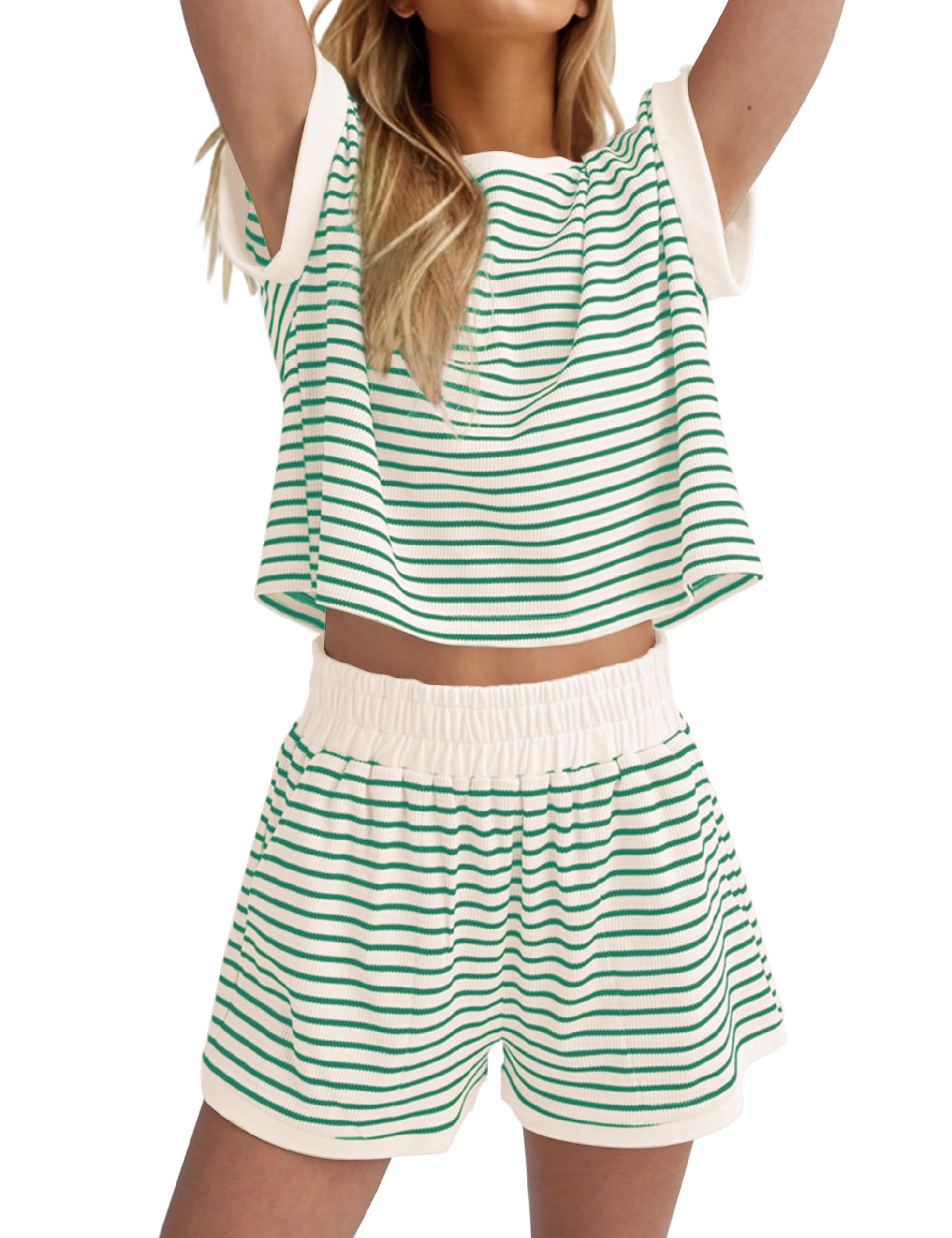 MISSACTIVER 2 Piece Lounge Set Women Stripe Knit Short Sleeve Tee Shirts Shorts Casual Summer Loungewear Shorts Sets