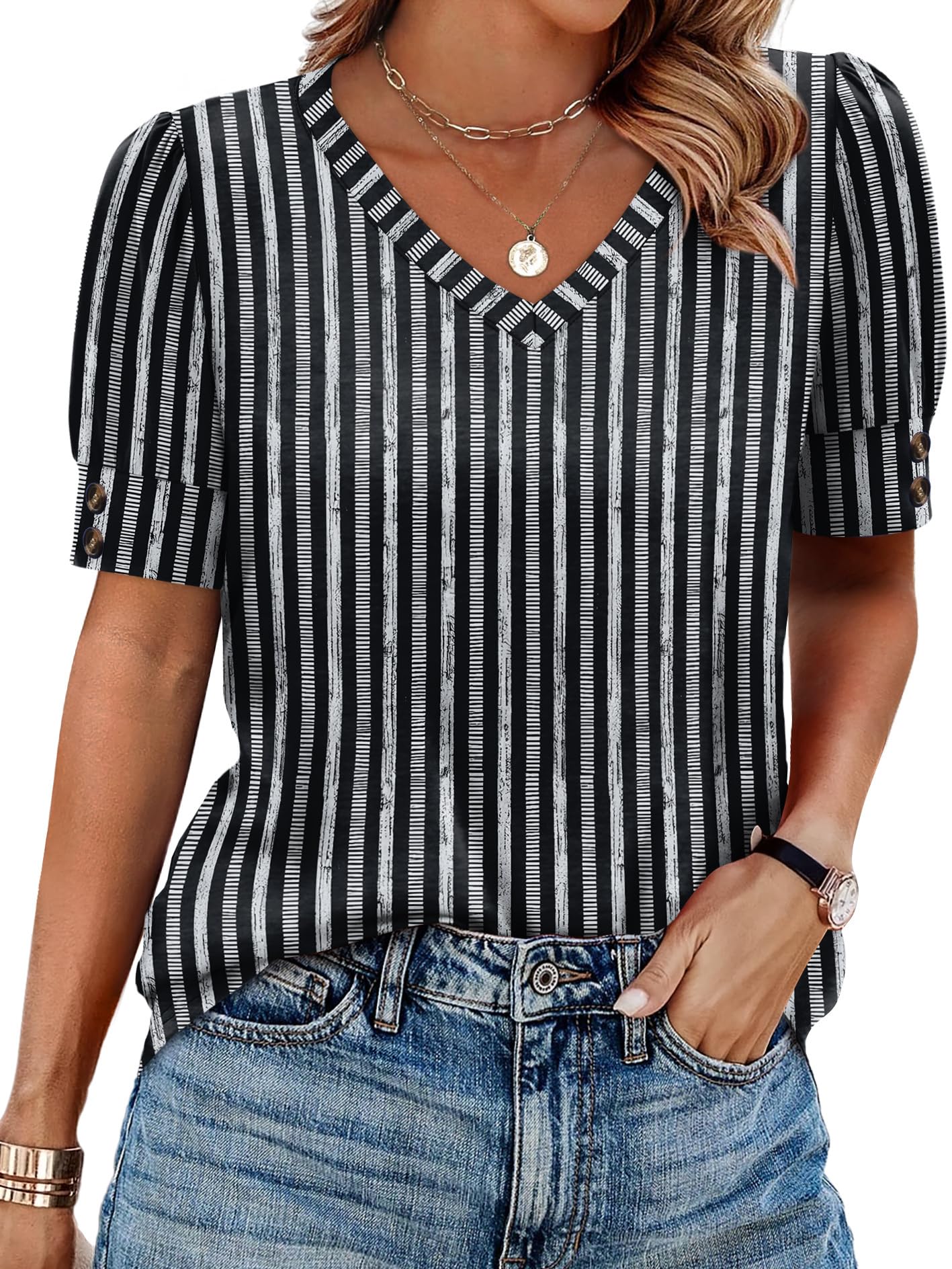 OFEEFAN Womens Tops Short Sleeve Shirts Buttons V Neck Spring Fashion Summer Outfits Plus Size Blouses Dressy Casual