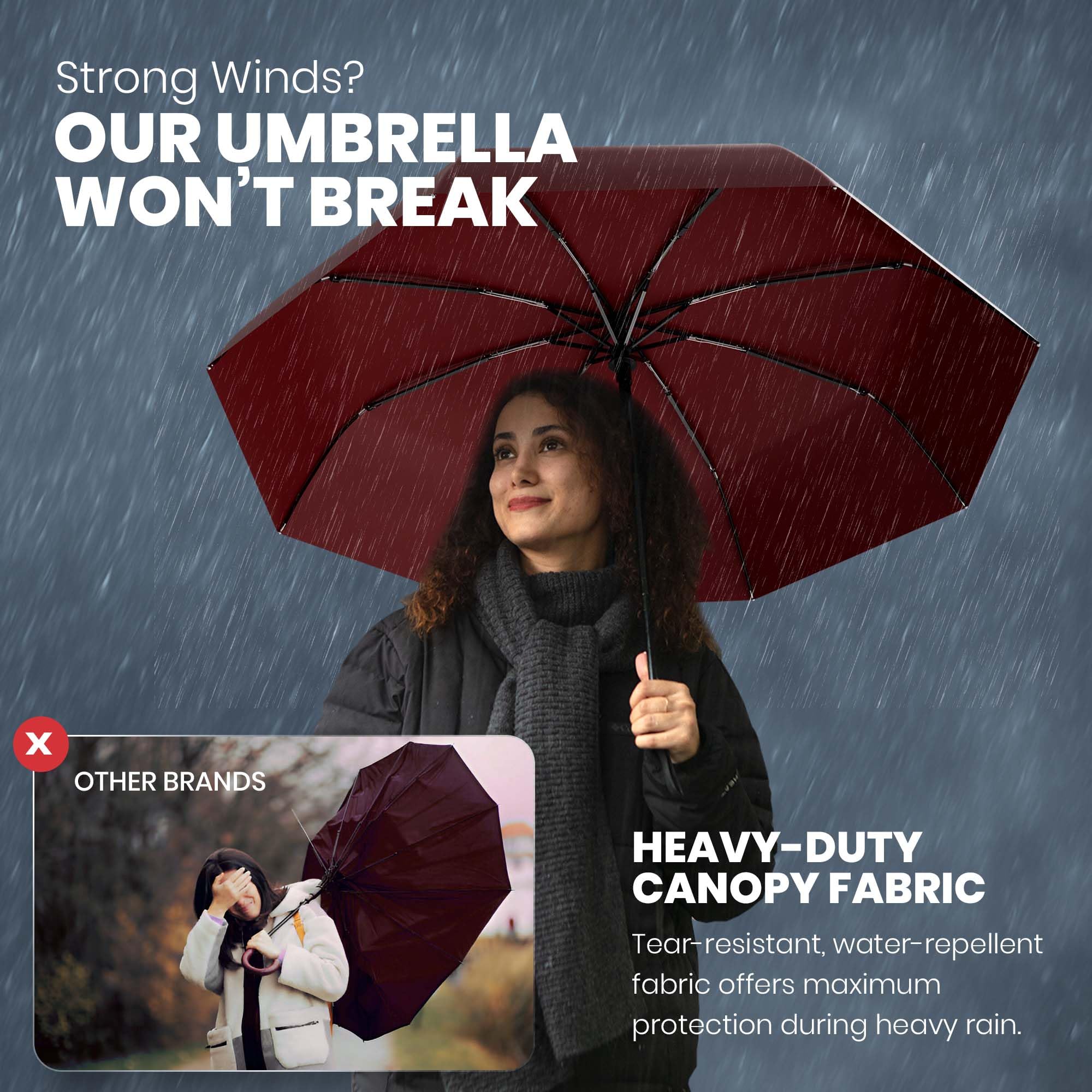 Rain-Mate Windproof Compact Umbrellas for Rain - Strong Reinforced Fiberglass Rib Design & Auto Open & Close - Portable Folding Travel Umbrella - Lightweight & Packable for Women & Men, Easy Collapse