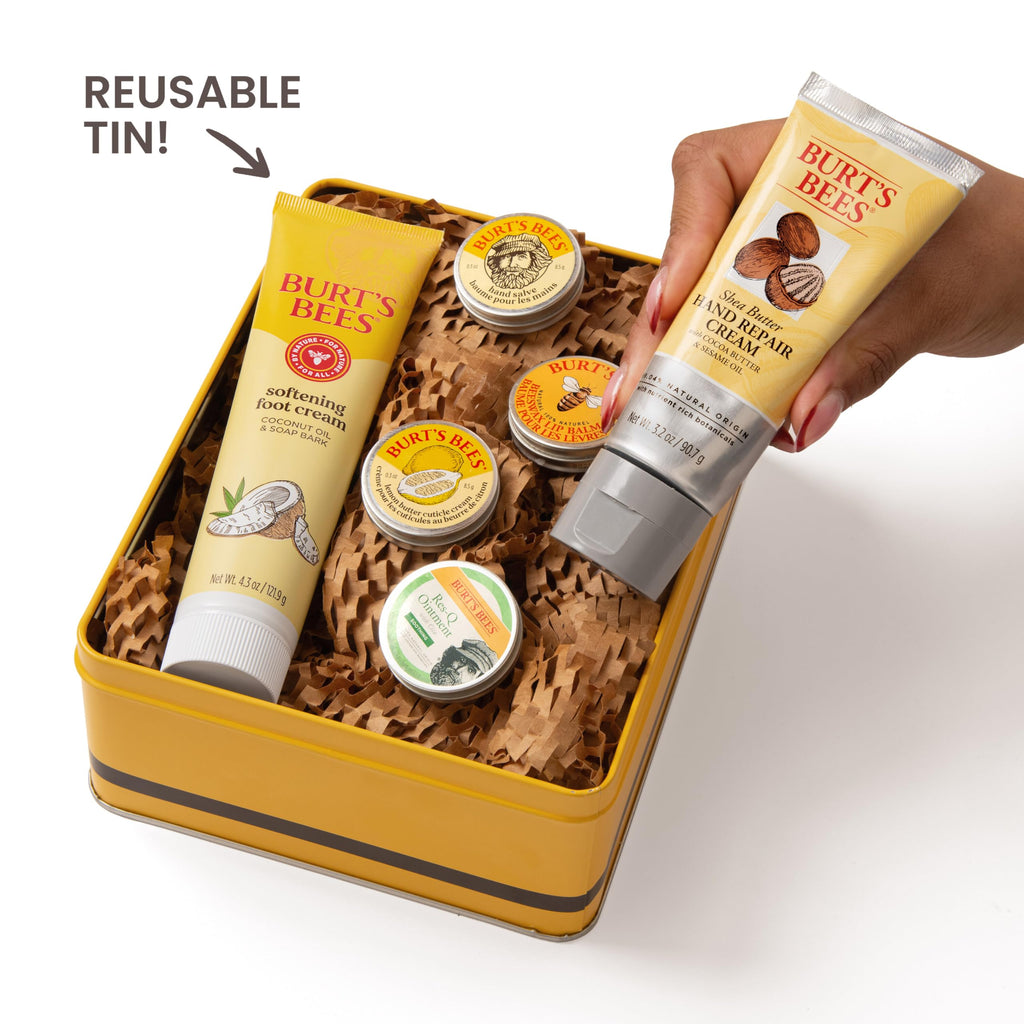 Burt's Bees Mothers Day Gifts Ideas - Classics Set, 6 Products in Giftable Tin – Cuticle Cream, Hand Salve, Lip Balm, Res-Q Ointment, Hand Repair and Foot Cream
