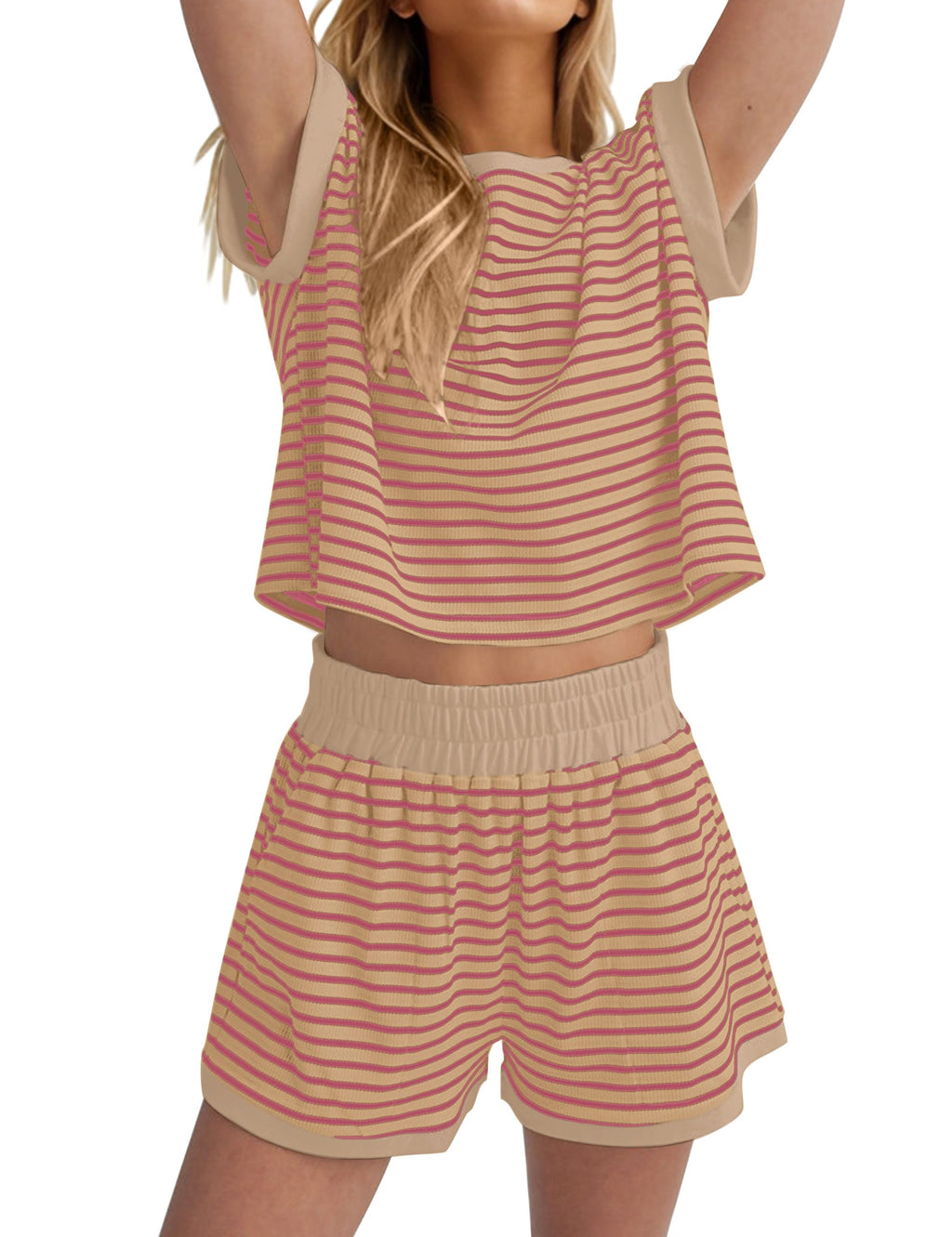 MISSACTIVER 2 Piece Lounge Set Women Stripe Knit Short Sleeve Tee Shirts Shorts Casual Summer Loungewear Shorts Sets