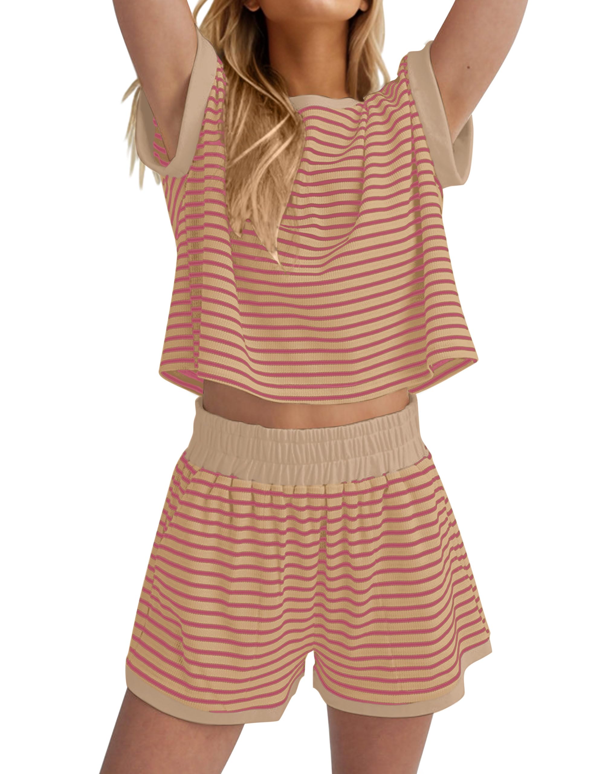 MISSACTIVER 2 Piece Lounge Set Women Stripe Knit Short Sleeve Tee Shirts Shorts Casual Summer Loungewear Shorts Sets