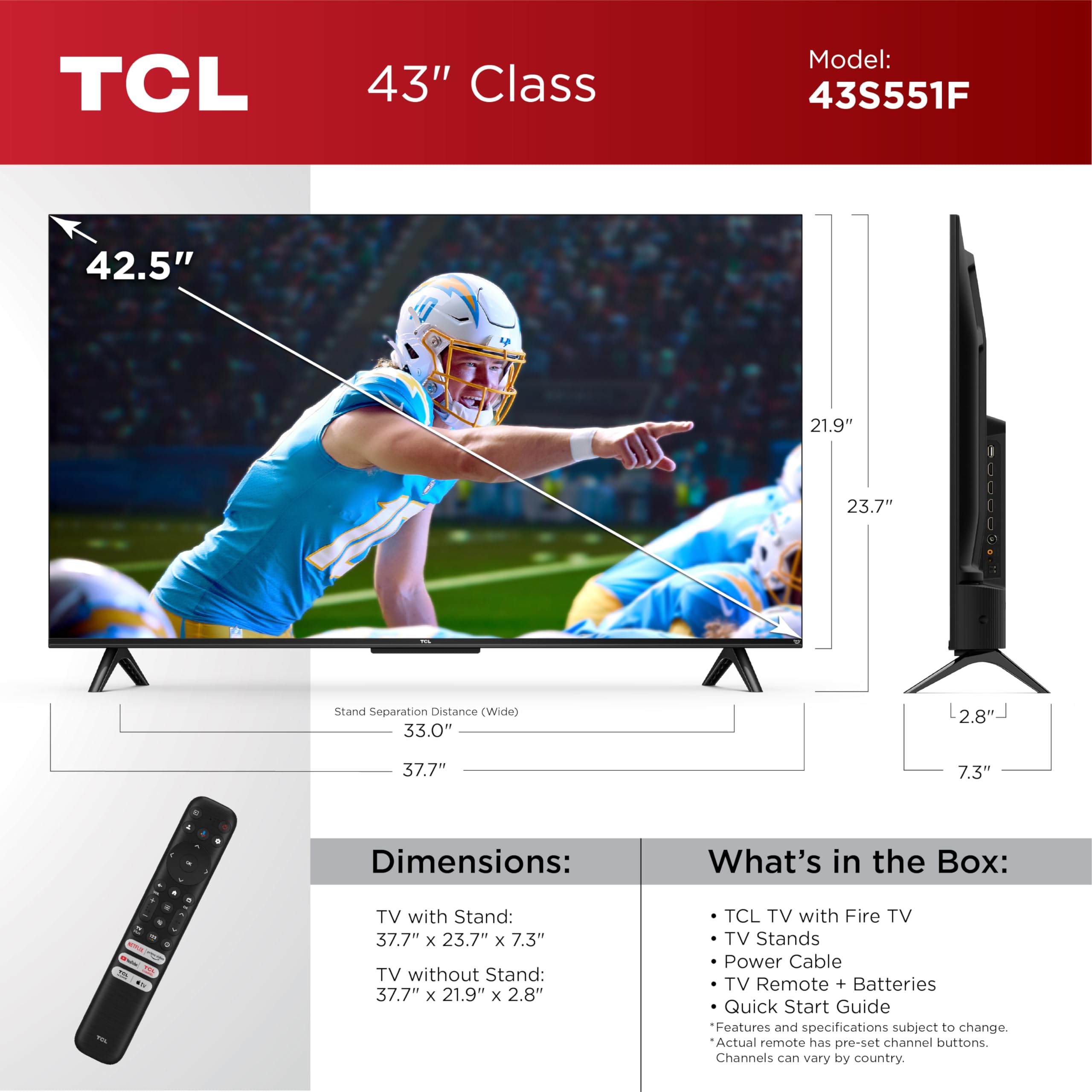 TCL 65-Inch Class S5 UHD 4K LED Smart TV with Fire TV (65S551F, 2024), Dolby Vision, HDR PRO+, Atmos, Alexa Built-in, Apple AirPlay 2, Streaming Television